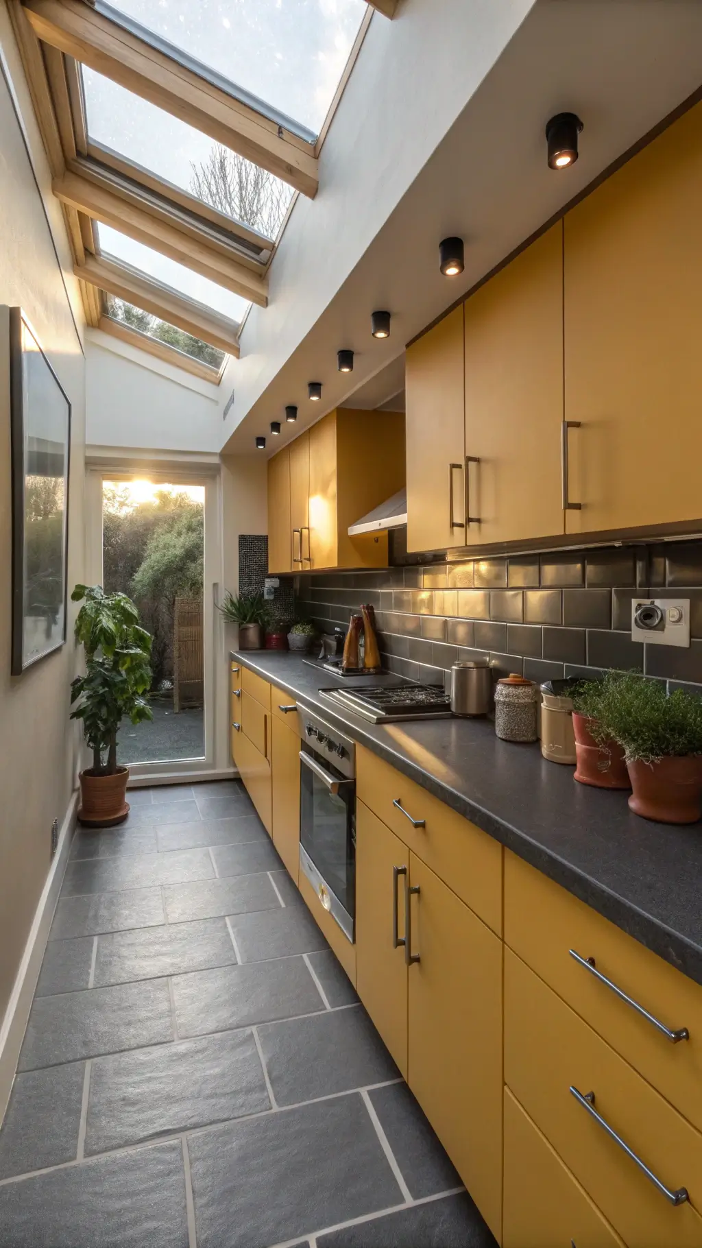 Golden hour light illuminating a compact galley kitchen showcasing mustard yellow cabinets, charcoal subway tile backsplash, stainless steel appliances, and copper cookware on open shelving.