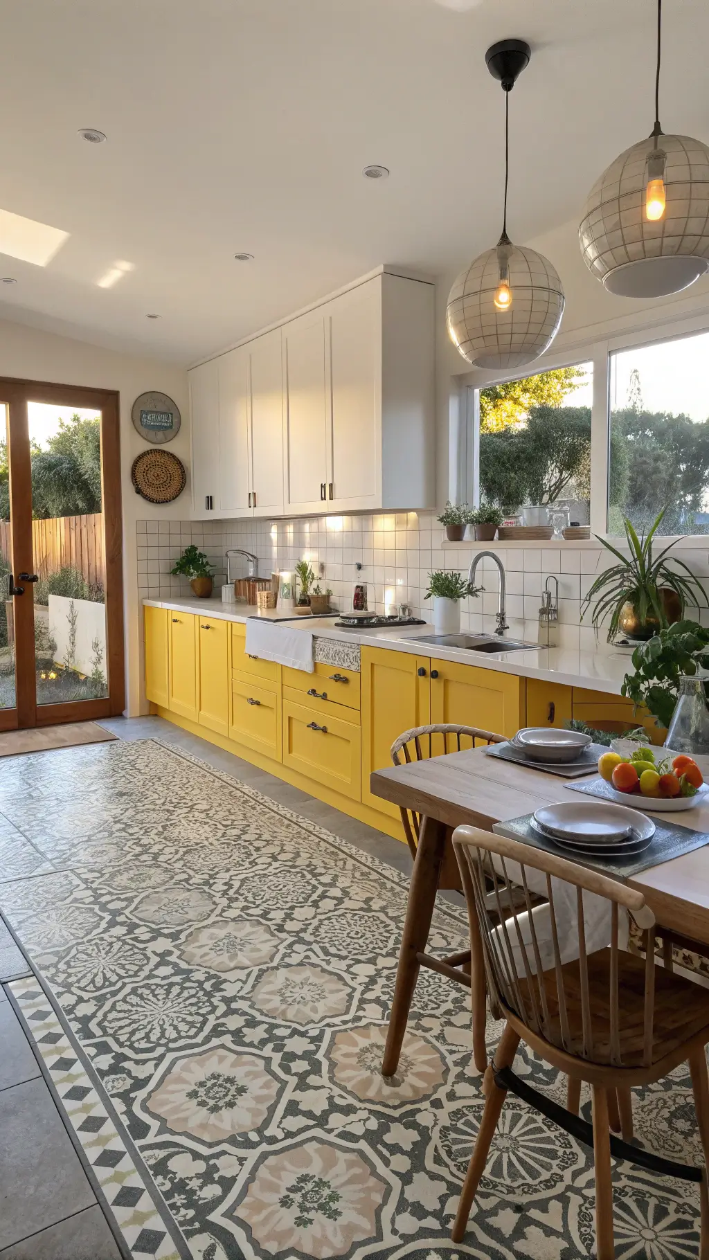Bright, spacious open-concept kitchen with yellow lower and white upper cabinets, geometric patterned tile flooring, modern globe pendant lighting, framed with fiddle leaf fig trees, featuring handwoven table linens and ceramic servingware.