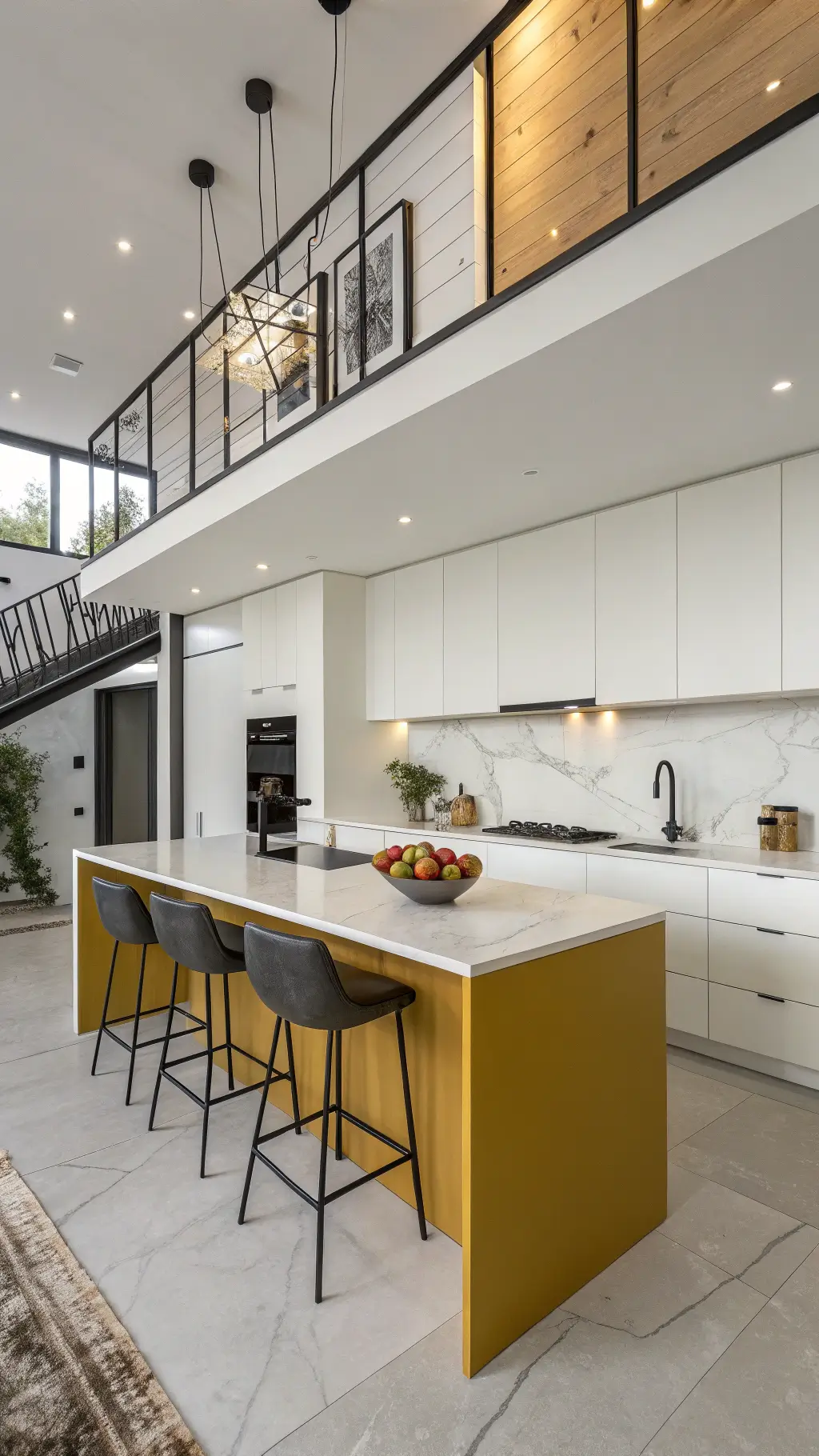 Overhead view of a contemporary kitchen with mustard yellow island, white cabinets, waterfall quartzite counters, matte black hardware, highlighted by directional lighting, with a sculptural fruit bowl centerpiece and leather barstools.