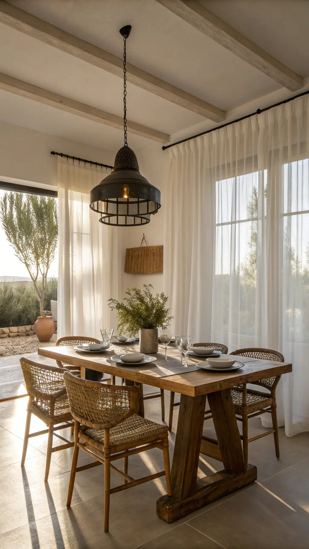 Warmly lit 15x18ft dining space with sunlight streaming through sheer curtains onto lime-washed walls, a live-edge walnut table surrounded by handcrafted chairs, blackened steel pendant light, and a table set with artisanal stoneware and hand-blown glass vessels.