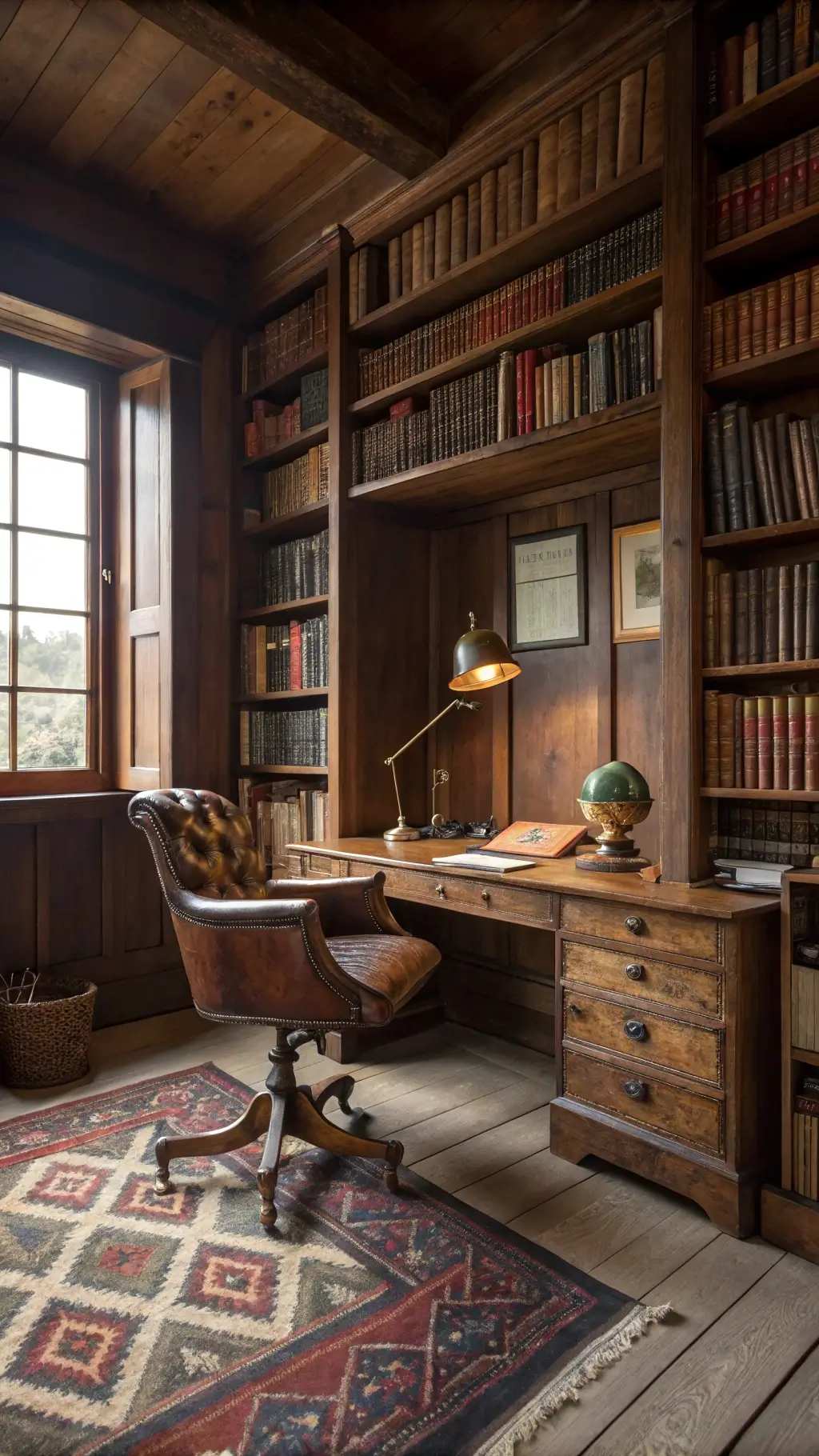 A mid-morning lit study room with floor-to-ceiling bookshelves, a worn vintage leather chair, a wool rug with geometric patterns, and a brass desk lamp illuminating a wooden and stone workspace.