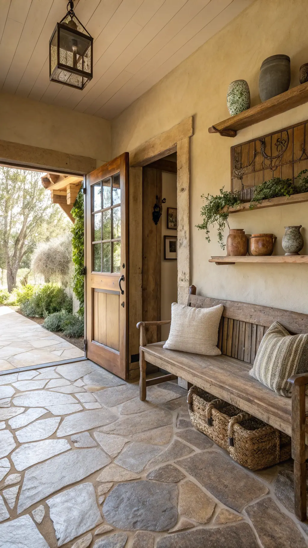 Inviting entrance of a 12x14ft entryway with morning light, rough-hewn stone flooring, walls in natural clay finish, vintage wooden bench with handwoven cushions, and a display of wabi-sabi ceramics on weathered oak shelves.