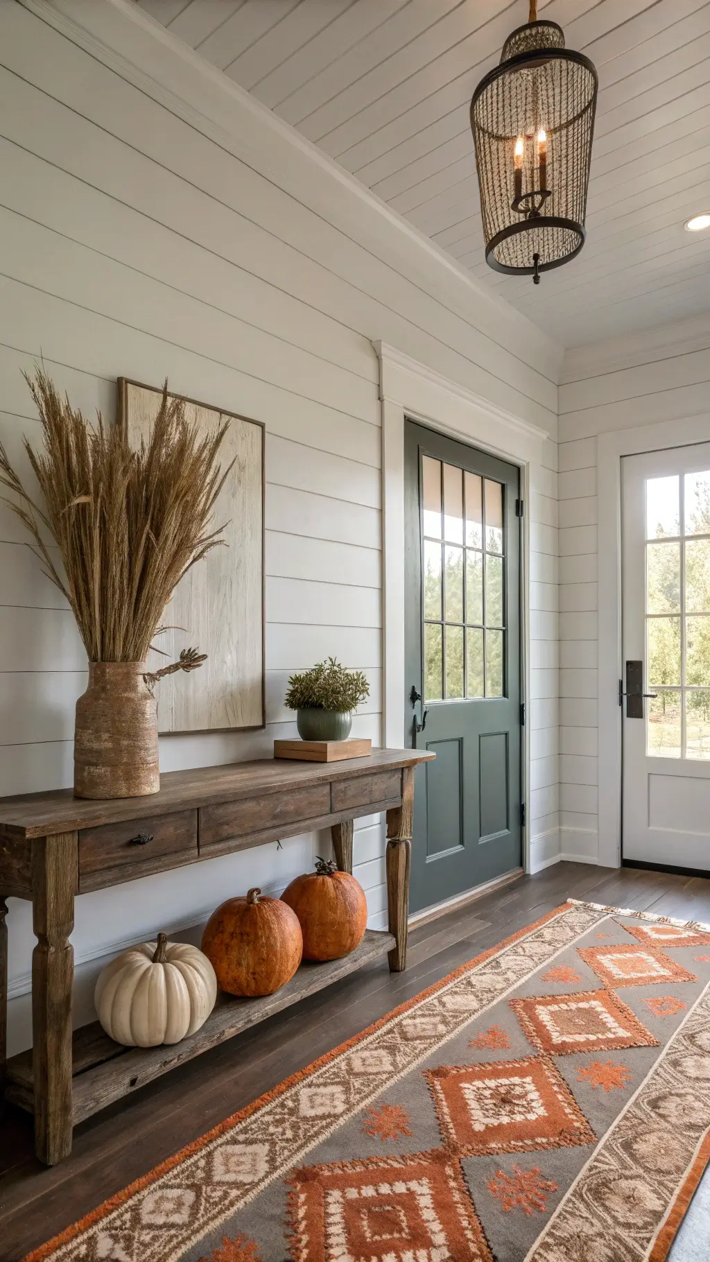 Modern farmhouse entryway with high ceiling, shiplap walls, light streaming through Georgian-style door, weathered oak console with copper vase and wheat stems, vintage runners and heirloom pumpkins in muted colors, shot in moody, atmospheric natural light.