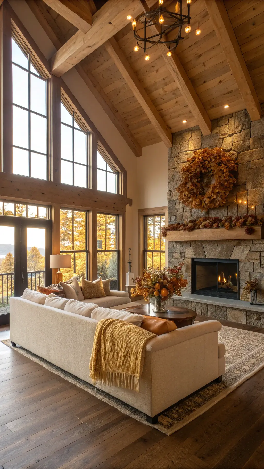Spacious living room with exposed wooden beams and sunlight through floor-to-ceiling windows, furnished with an oversized cream sectional sofa, stone fireplace with preserved oak leaves garland and dried hydrangeas, in warm soft lighting.