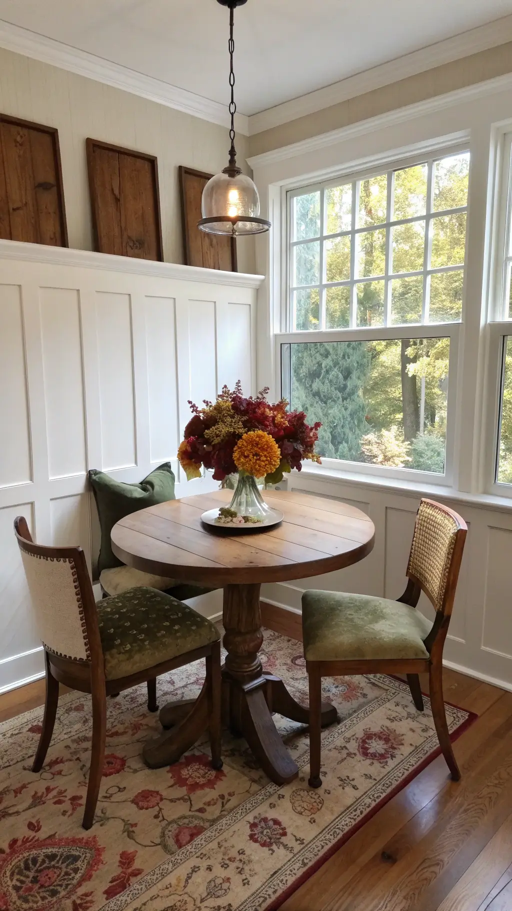 Overhead view of a cozy 10x12ft dining nook with warm white board and batten walls, a distressed walnut pedestal table adorned with burgundy dahlias and amber maple leaves, surrounded by vintage Windsor chairs with olive velvet cushions, bathed in midday light and soft fill.