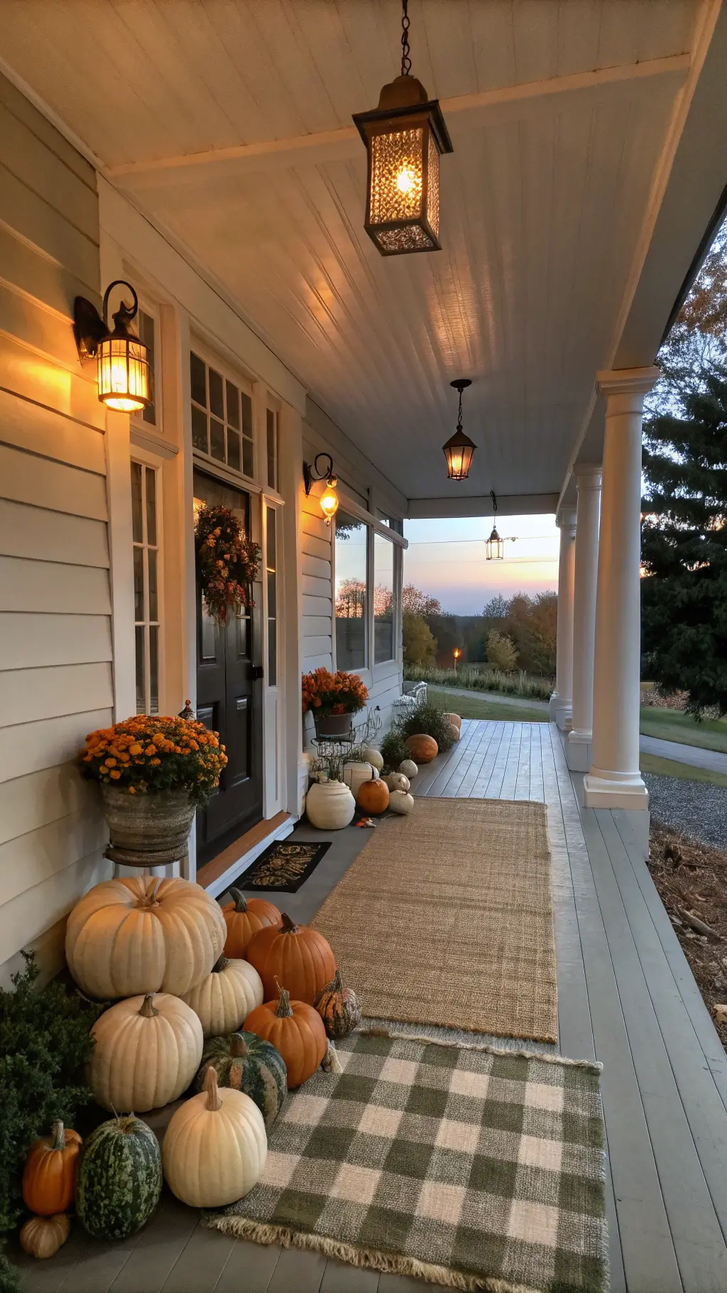 Vintage farmhouse porch at dusk with copper lanterns, layered jute and buffalo check doormat, and arrangement of cream, sage, and copper-toned pumpkins in an inviting autumn atmosphere.