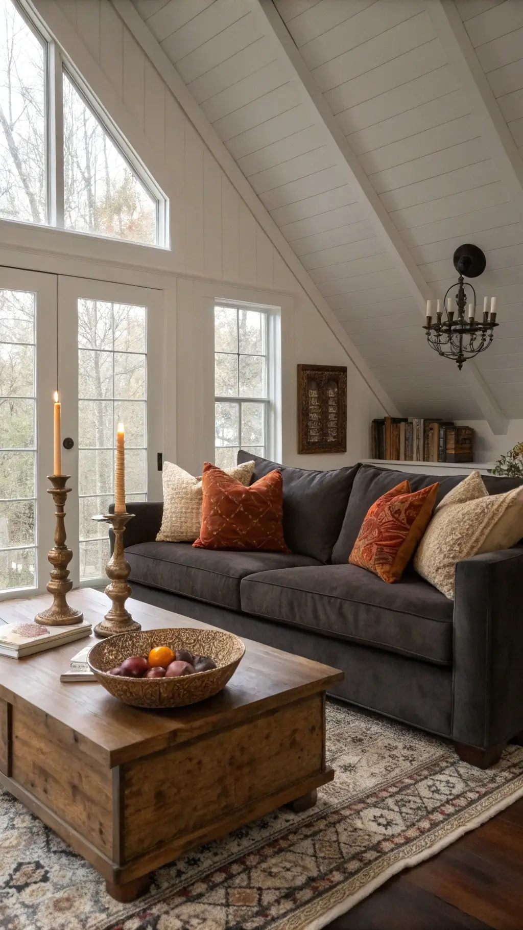 Cozy family room with cathedral ceiling, charcoal velvet sofa with textured pillows, coffee table with brass candlesticks, vintage books and wooden bowls, under soft overcast light