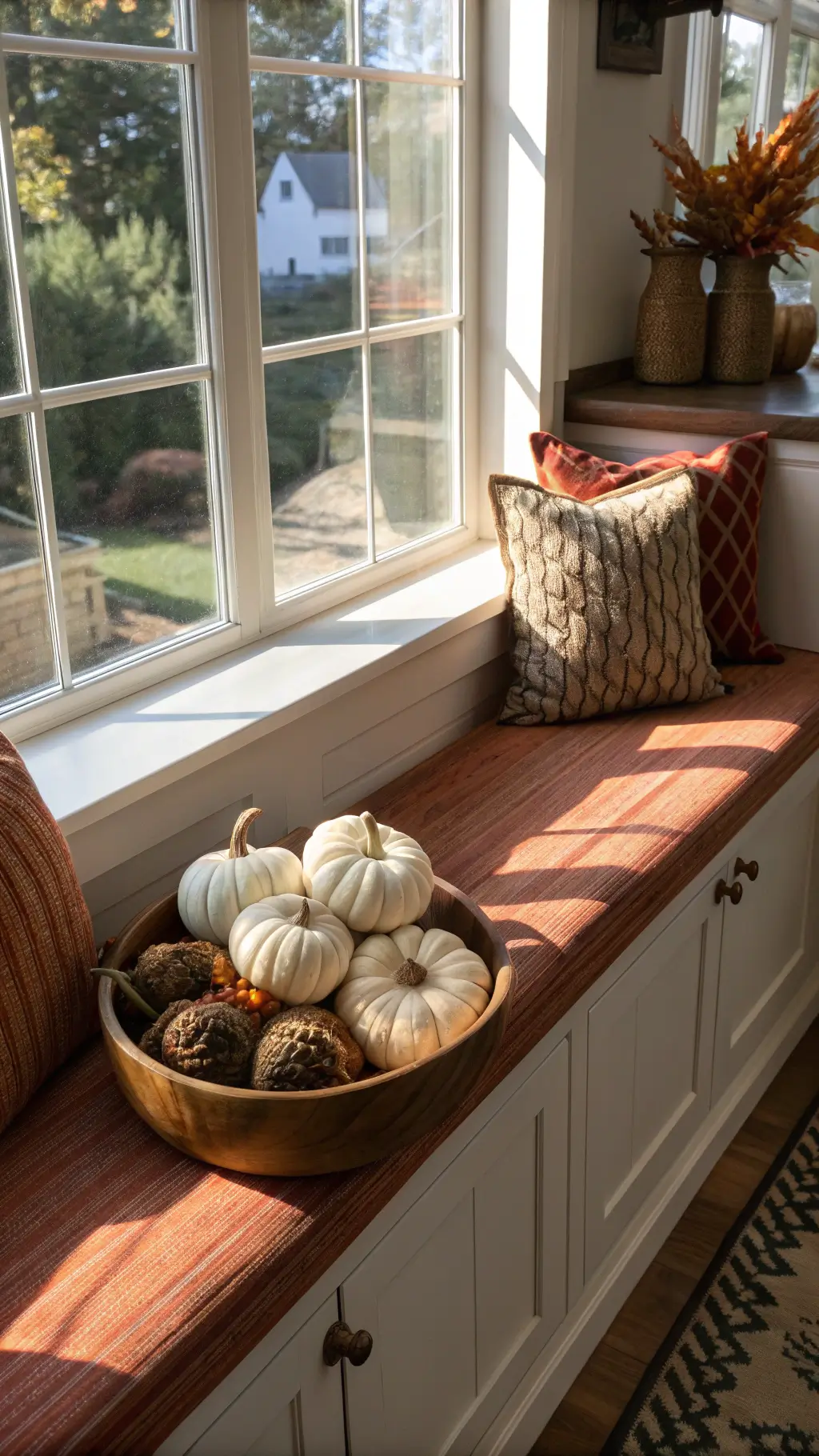 Sunlit kitchen nook with bay window, window seat with woven cushions, and a carved wooden bowl filled with mini white pumpkins and dried artichokes