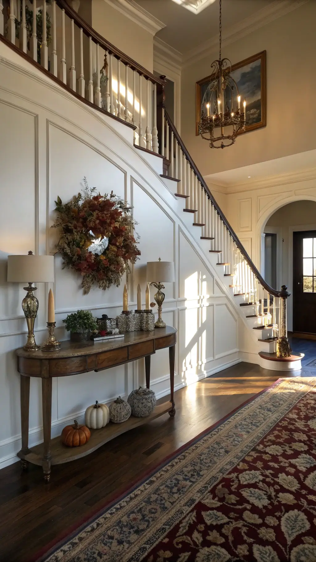 Traditional foyer featuring a curved staircase with wainscoting, styled console table with decorations, Persian runner rug, bathed in late afternoon light creating dramatic shadows.