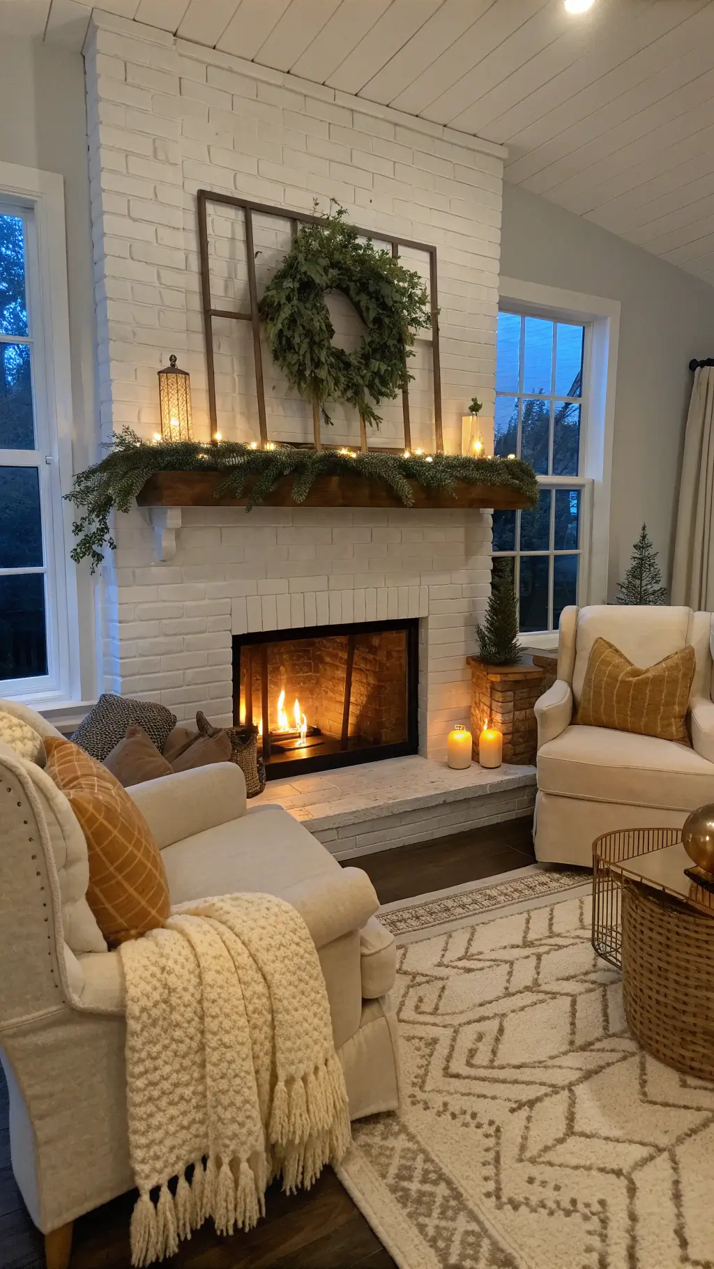 Modern cottage living room with twilight blue hue, decorated with linen slipcovered chairs, eucalyptus garland on mantel, amber glass hurricanes and cable knit throws in caramel and cream