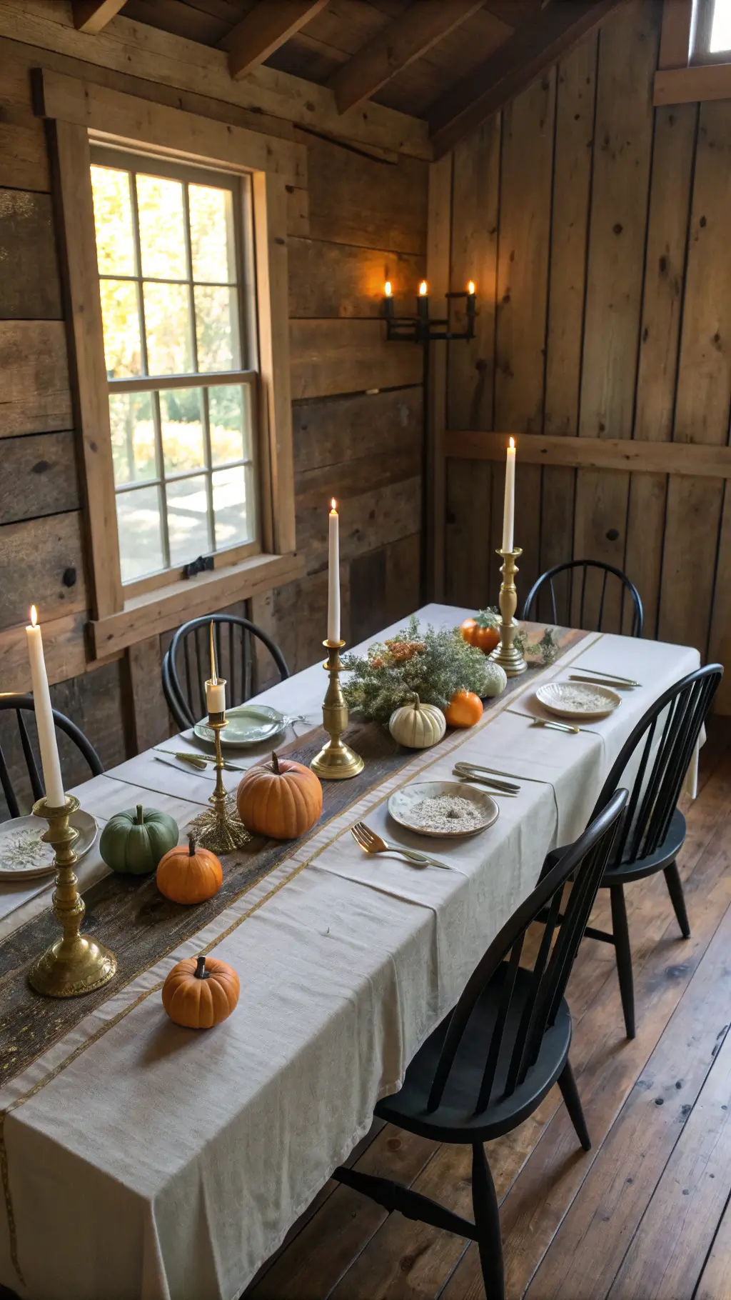 Overhead shot of rustic dining room with reclaimed wood walls and distressed black chairs, farmhouse table set with linen runners, brass candlesticks, and mini pumpkins in muted orange and sage under mid-morning diffused light.