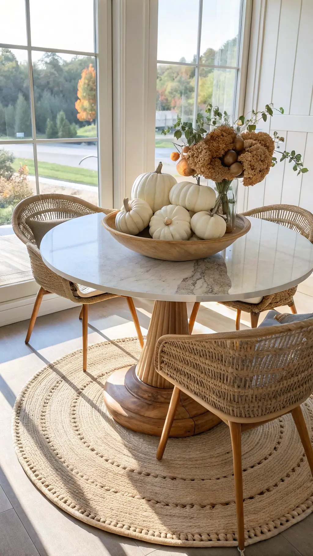 Contemporary breakfast nook in bright morning light, featuring a round marble table with woven chairs and décor of white pumpkins and dried hydrangeas, layered jute and kilim rugs, and floor-to-ceiling windows.