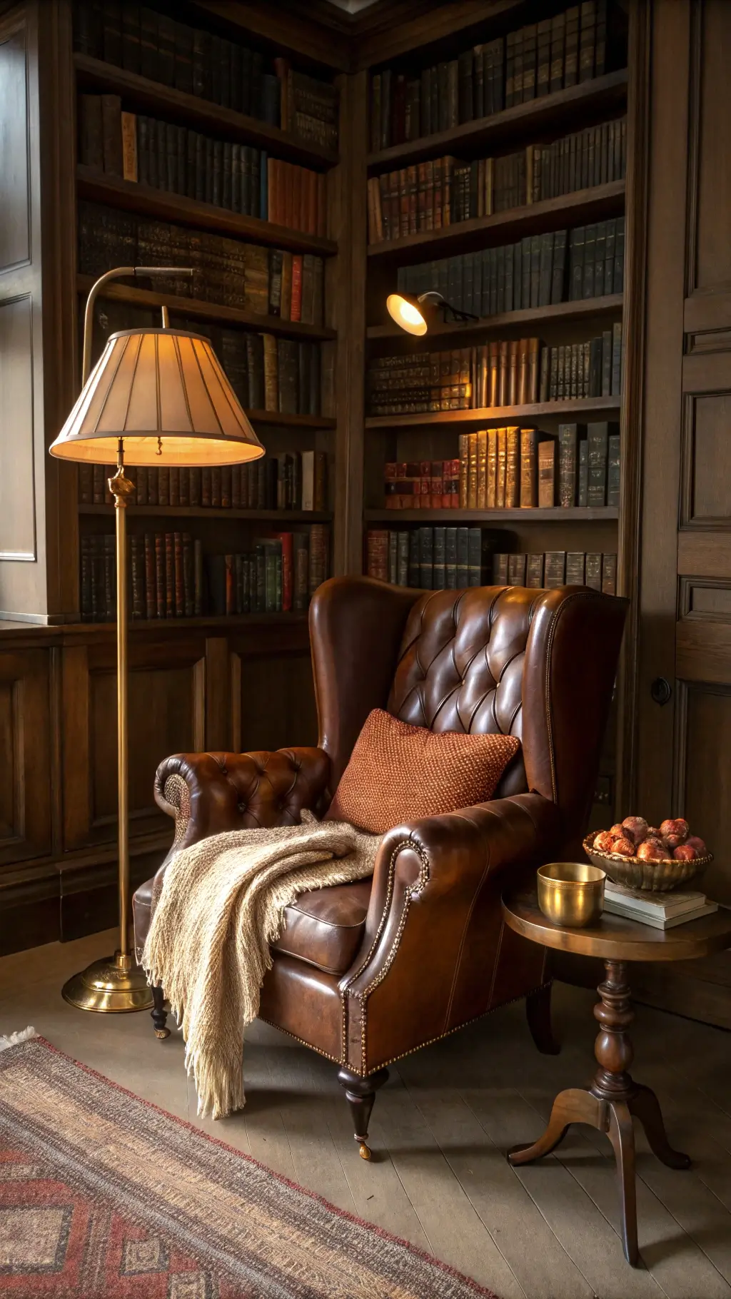 Classic library with bookcases, leather wingback chair, brass floor lamp,
</p></noscript>
<div class=