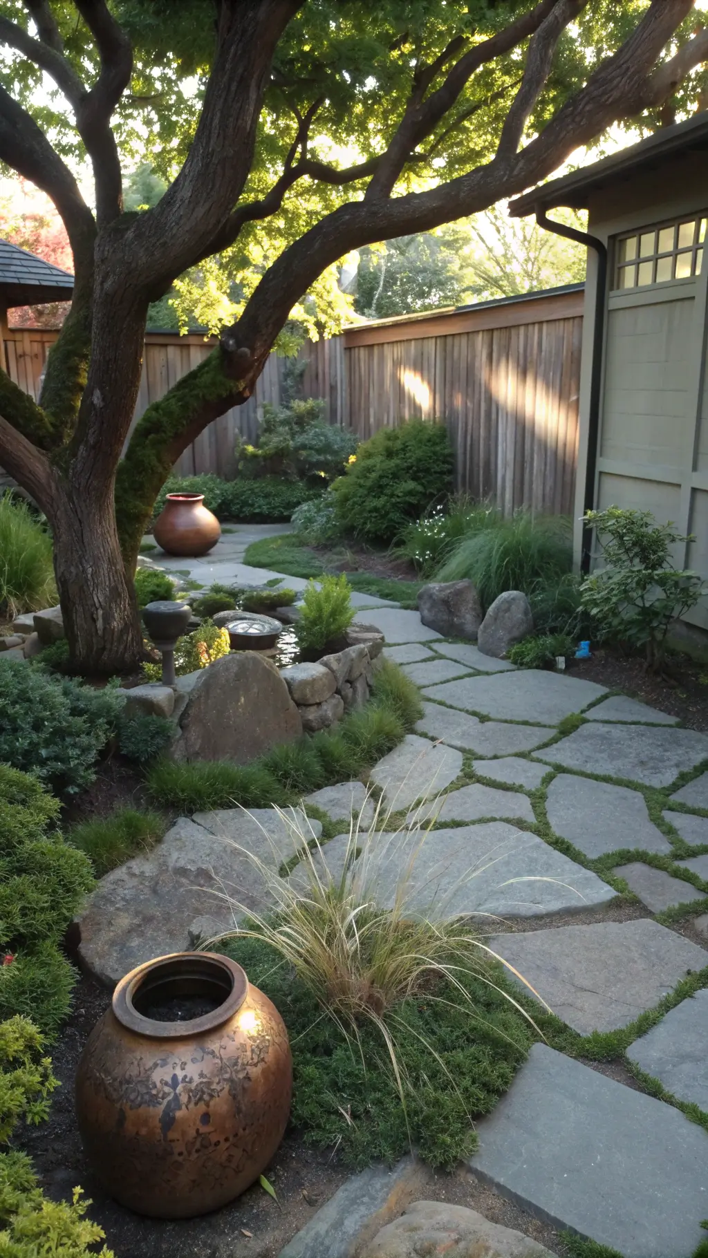 Late afternoon view of a compact courtyard garden with dappled shadows on granite stones from an ancient maple tree, verdigris-patinated copper vessels filled with wild grasses, moss on stone pavers, captured from a low camera angle with an earth-tone palette and natural lighting.