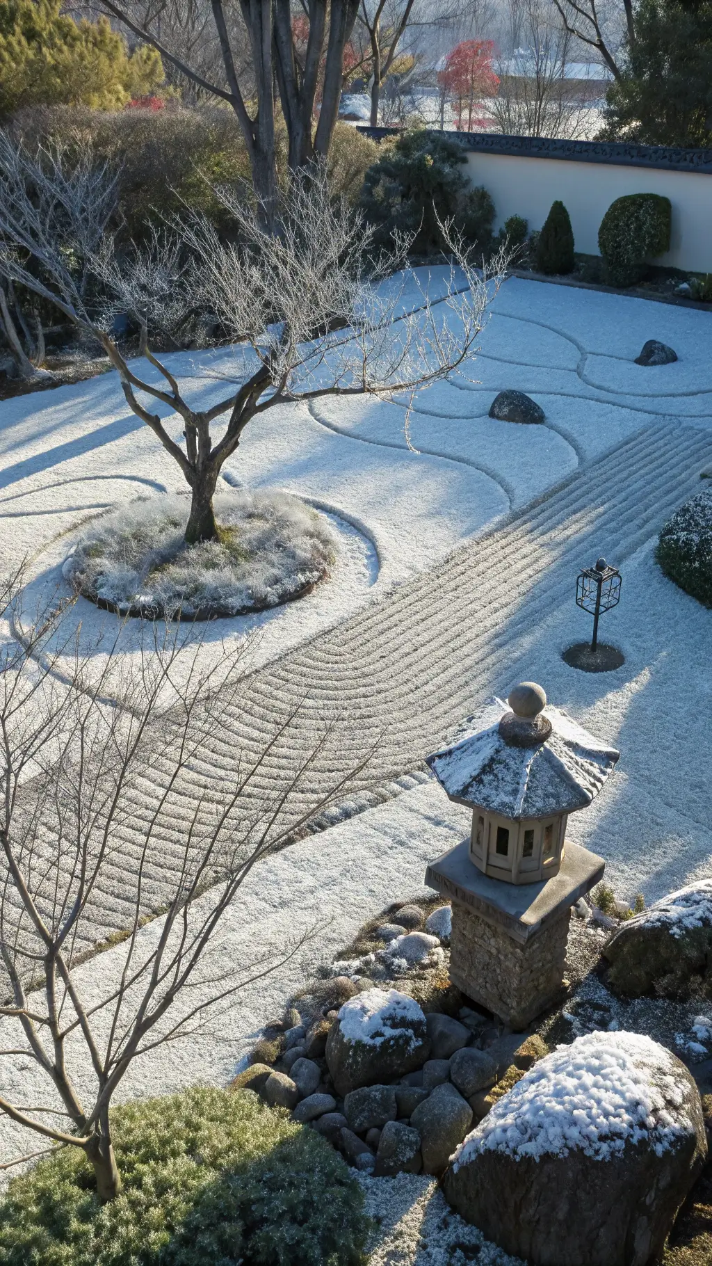 Bird's eye view of a frosty 15'x20' zen garden with stone arrangements, bare Japanese maple branches casting shadows, and an ancient stone lantern, in a monochromatic palette with blue undertones under crisp morning light.