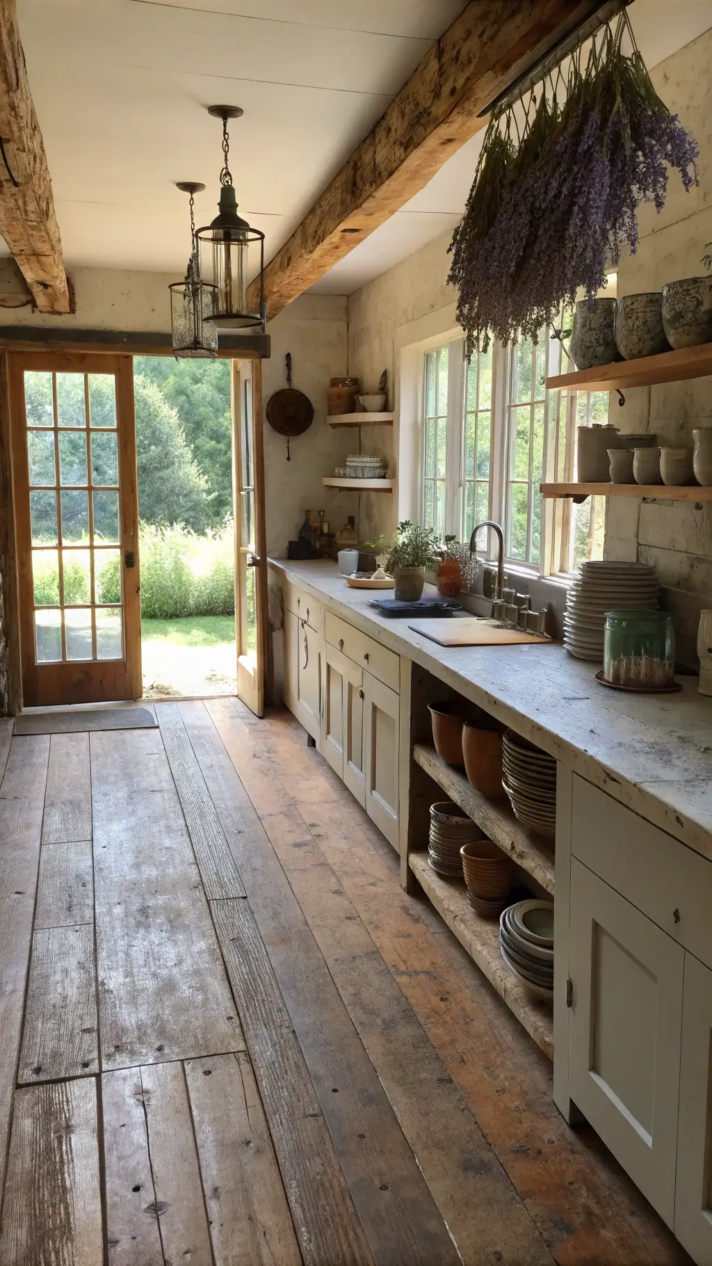 Sunlit rustic kitchen with reclaimed barn wood floors, stone countertops, open shelves with earth-toned ceramics, and dried lavender hanging from beams, captured through a 24mm lens.