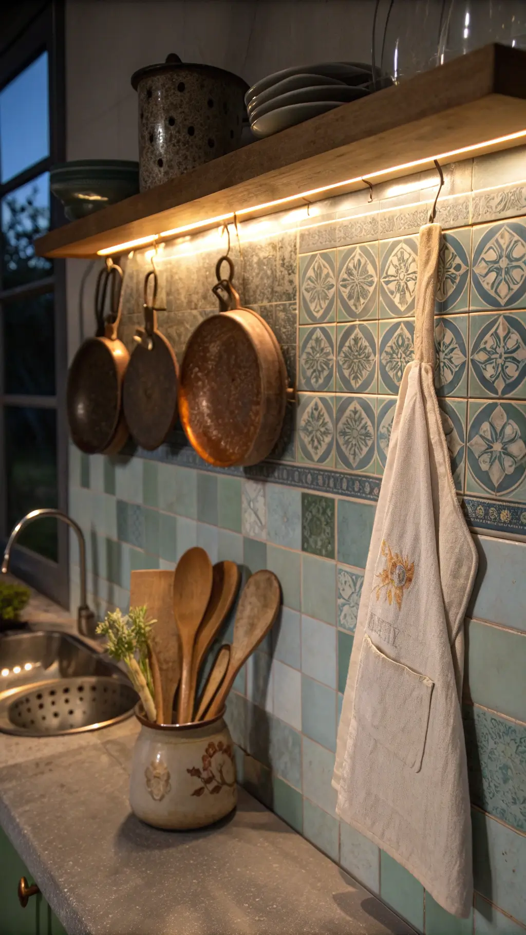 Close-up view of a rustic kitchen workspace at dusk, highlighting handmade tile backsplash, worn wooden spoons in a ceramic vessel, hanging linen apron, and verdigris patina on copper pots under dramatic low-angle lighting.
