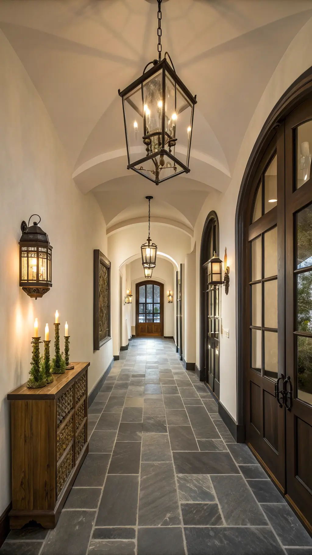 Twilight view down a 15ft hallway featuring oversized iron and glass pendants, slate flooring, timber accent wall, creamy venetian plaster and a vintage trunk styled with brass candlesticks.