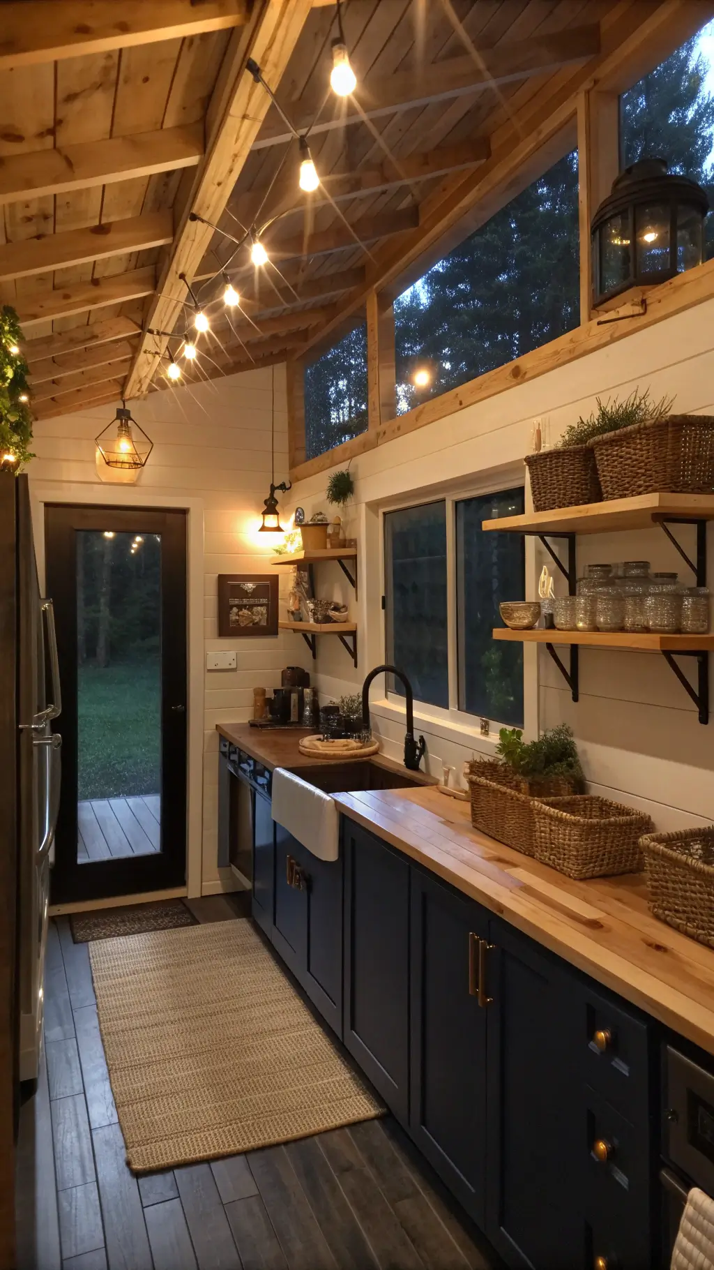 Compact 12'x14' cabin kitchen at dusk showcasing exposed wooden beams, warm pendant lights, navy cabinets against cream walls, copper accents, and woven baskets on upper shelves with drying herbs.