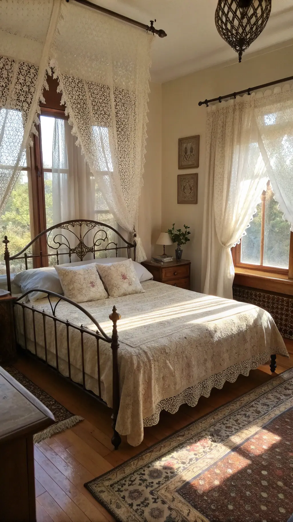 Late afternoon sun casting kaleidoscope pattern through beaded curtains in a 14x16ft bedroom with an antique iron bed framed with cotton lace linens, surrounded by velvet floor cushions and a low copper table.