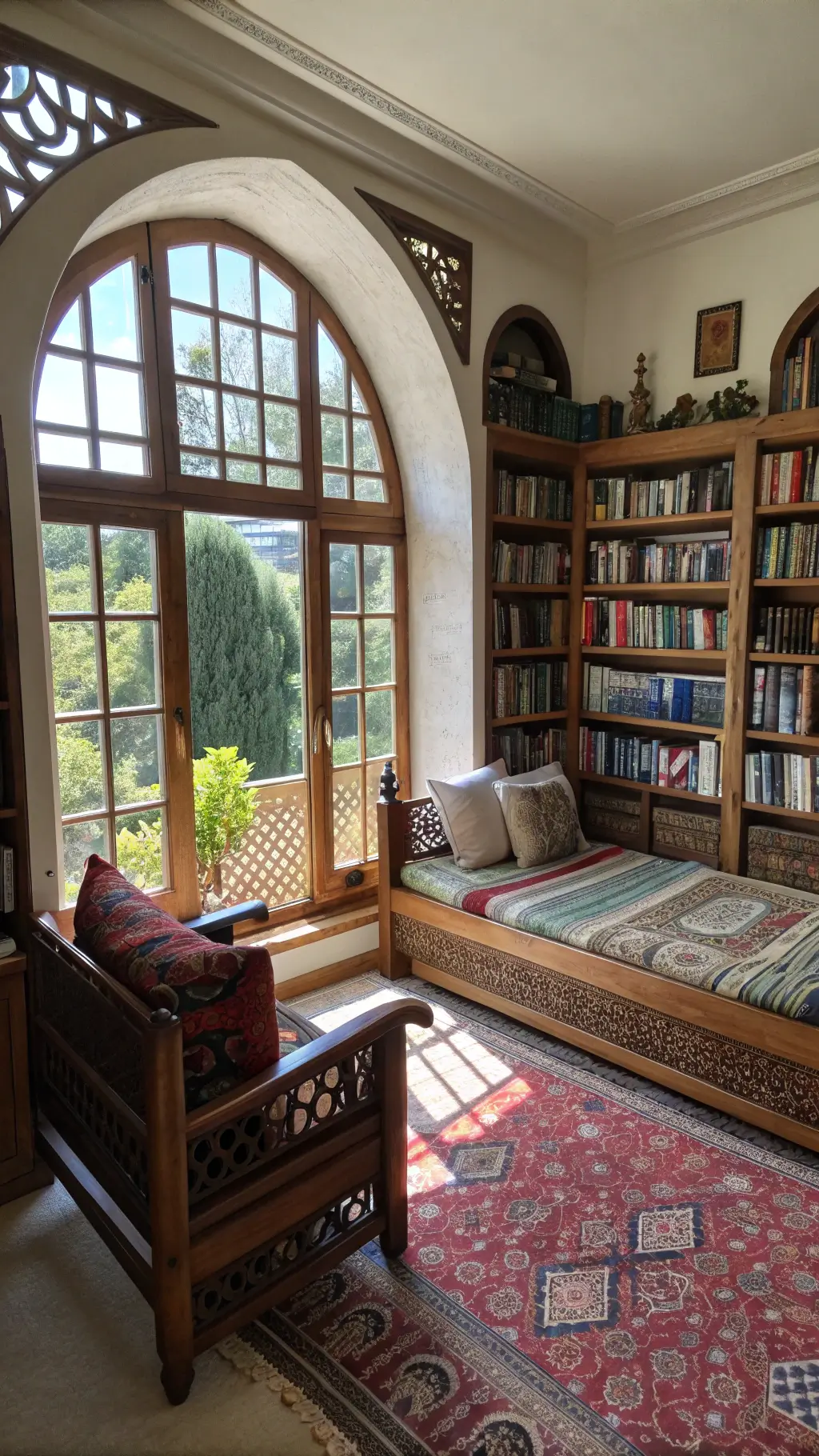 Aerial view of a sunlit 14x16ft bedroom with arched windows, a wooden chaise adorned with Turkish kilims and Moroccan blankets, and floor-to-ceiling bookshelves filled with global curiosities.