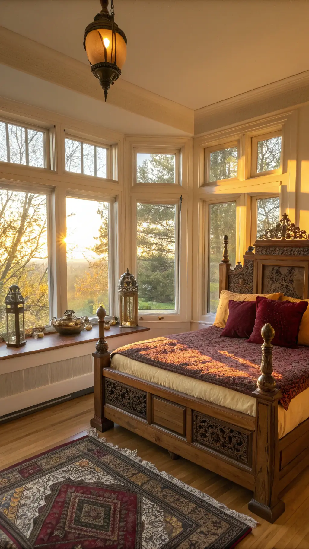 Cozy 13x16ft bedroom bathed in golden sunset light, featuring a carved wooden platform bed, burgundy and amber velvet cushions, brass incense burners and vintage oil lamps, shot from a bay window seat.
