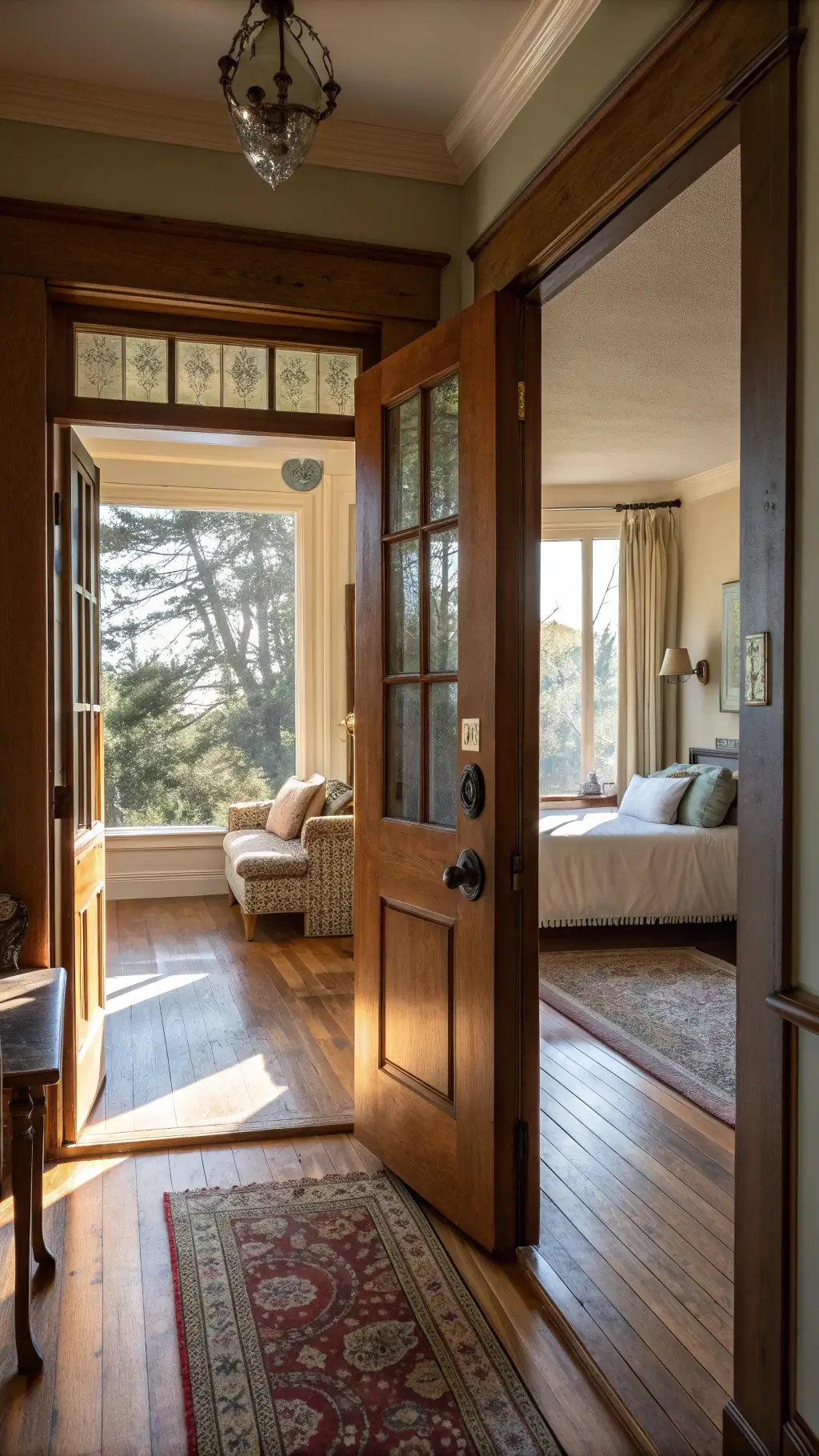 Antique doorway opening to a room with a bed and seating area, illuminated by natural light from a distant window, showcasing a foreground to background flow.