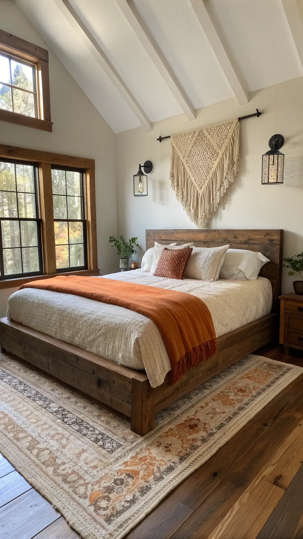 Early morning shot of a spacious 14x16ft master bedroom featuring king-size platform bed with natural linen bedding, terracotta wool throw, and handmade macramé wall hanging framed by wrought iron lamps. Ethereal light seeps through dormer windows highlighting natural and warm color tones.