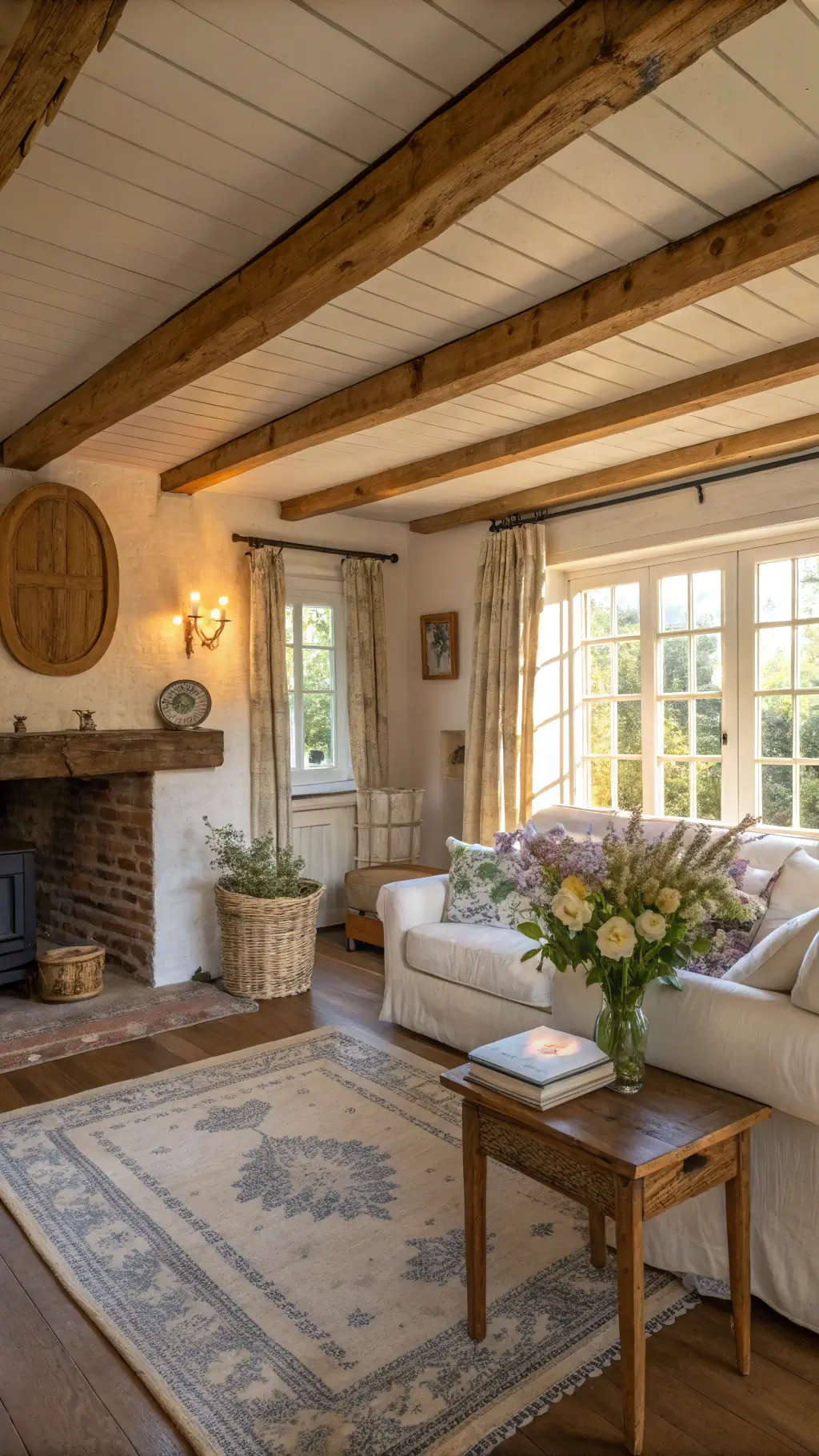 Sunlit cottage living room with exposed beams, whitewashed walls, plush cream sofa with vintage quilt, oak coffee table with vase of dogwood flowers, vintage rugs and baskets of dried hydrangeas near a distressed fireplace, captured in wide-angle at golden hour