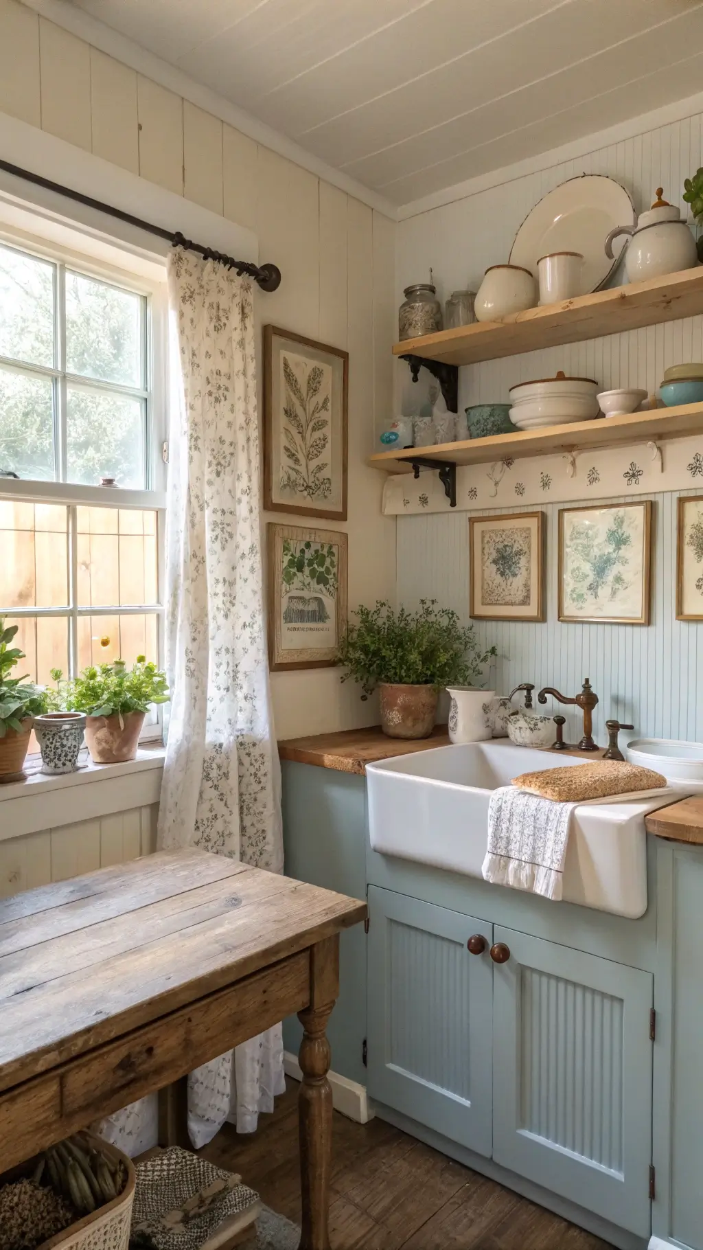 Cozy kitchen nook bathed in morning light, featuring beadboard wainscoting, open shelving with vintage enamelware, white farmhouse sink under window with hand-embroidered cafe curtains, weathered table with fresh herbs in copper pots, vintage breadboard with sourdough on top and botanical prints in gilded frames on the wall