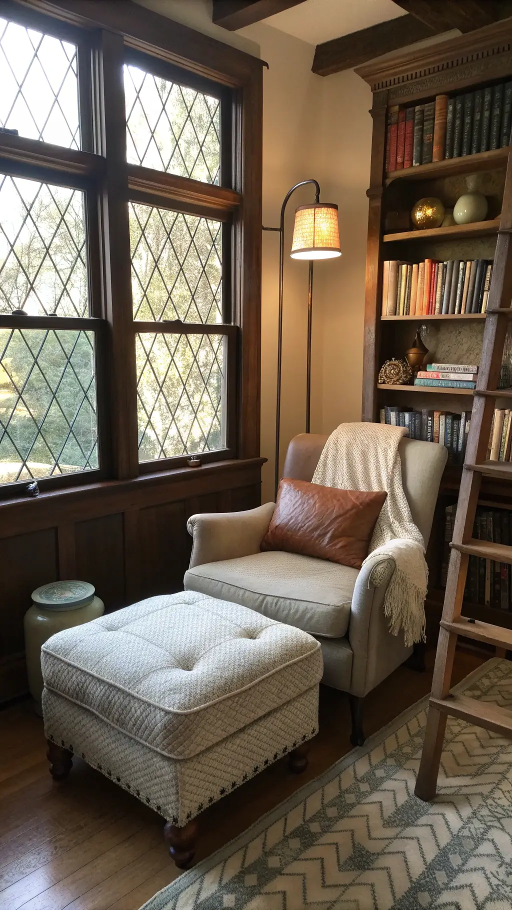 Cozy reading nook in an alcove with afternoon light filtering through leaded glass windows, featuring an oatmeal-toned linen armchair, a weathered leather ottoman, a vintage ladder shelf with books and pottery, a chevron-patterned sage and cream throw, and a brass floor lamp.