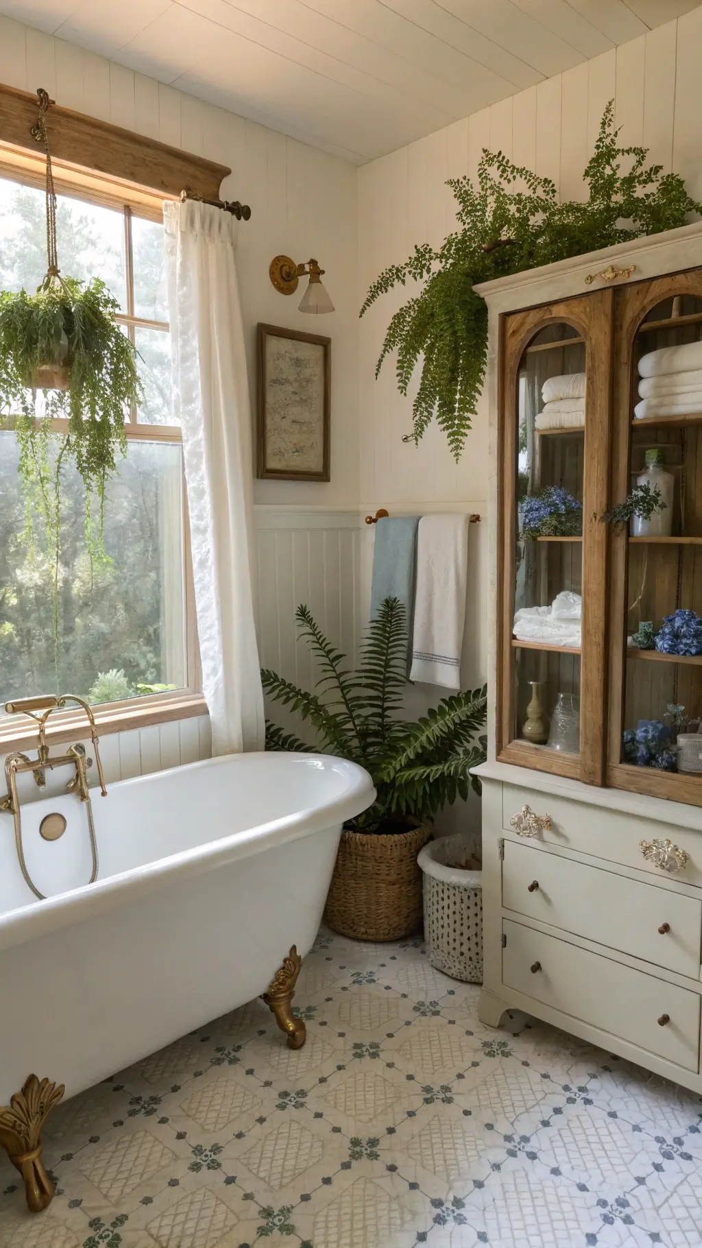 Lush cottage bathroom with morning light through frosted window, clawfoot tub with brass fixtures, potted ferns and eucalyptus, white penny tile floor, open linen cabinet with vintage towels, and antique beveled mirror reflecting soft natural light