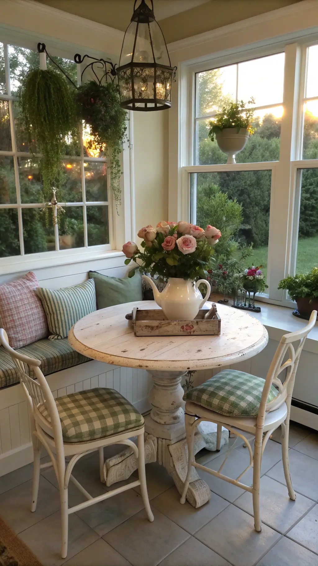 Early morning sunlight illuminating a garden-facing breakfast nook with distressed white table, vintage chairs, fresh roses in a white pitcher, sage green cushions on a window seat and a hanging herb drying rack.
