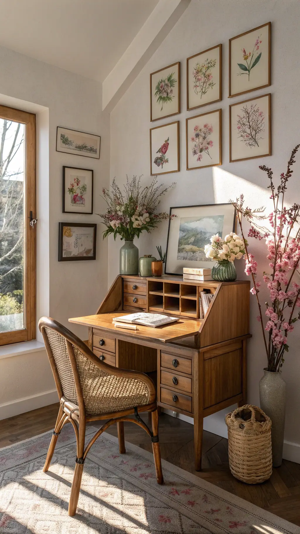 Vintage writing desk in a home office alcove with afternoon shadows, paired with a rattan chair, botanical prints in brass frames, ceramic vase with cherry blossoms and a linen pin board with vintage postcards and dried flowers.