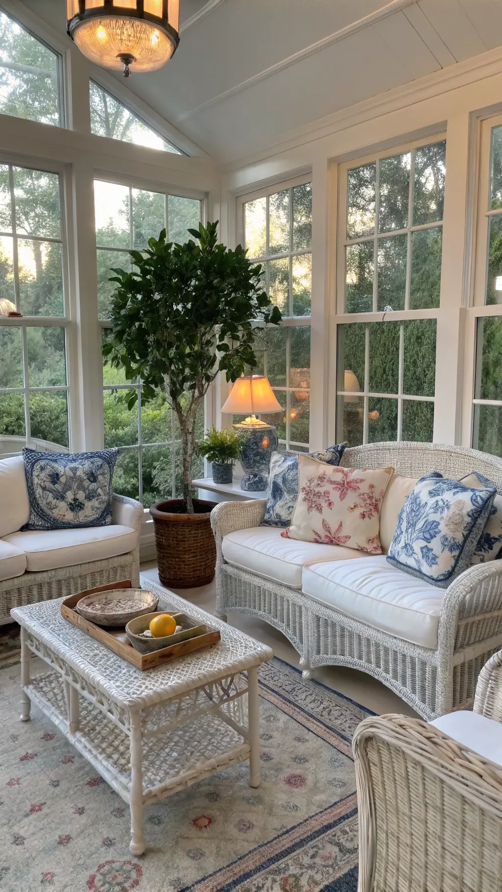 Vintage-inspired sunroom featuring whitewashed rattan furniture with floral cushions, a distressed console table displaying a collection of vintage transferware, a potted lemon tree in terracotta pot, layered rugs, and ethereal lighting at magic hour.