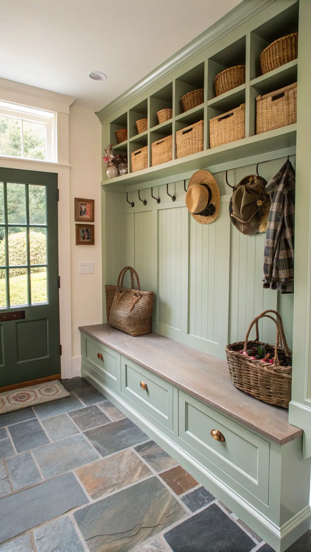Mudroom with sage green storage bench and brass hooks, filled with vintage gardening supplies in wire baskets, on slate flooring with an antique runner, decorated with straw market bags and garden hats in the morning light.