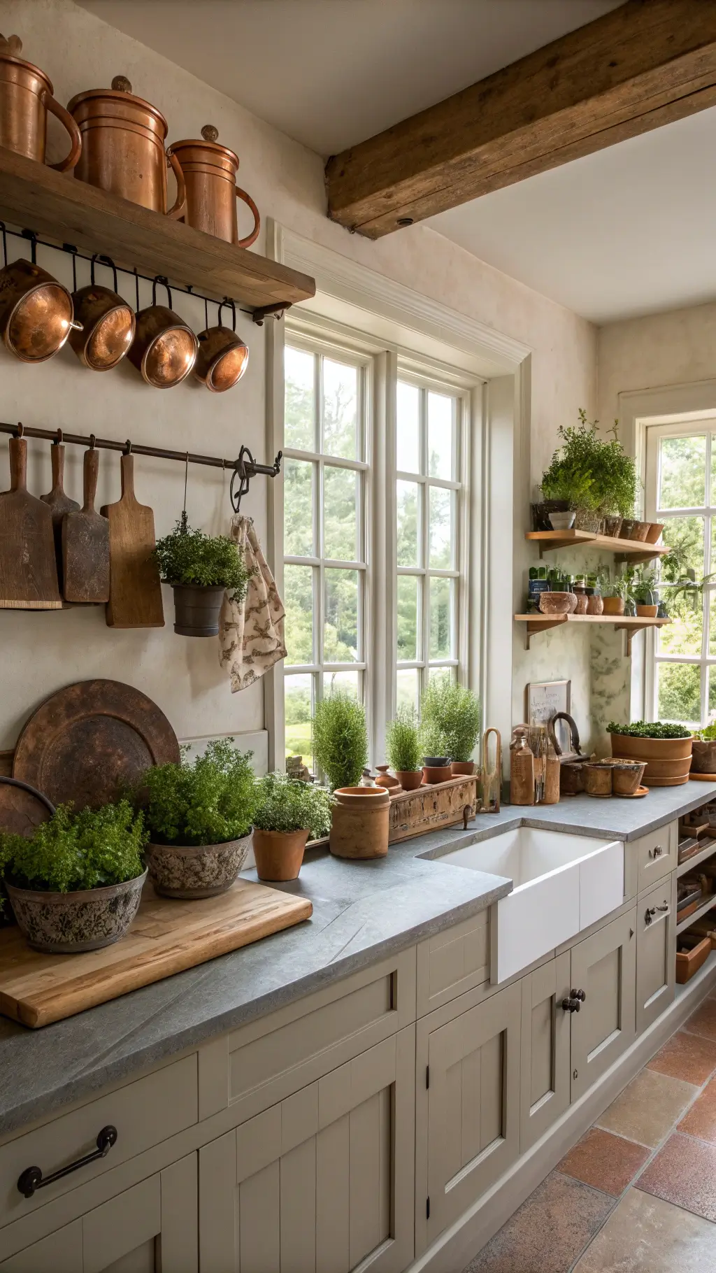 Cottage kitchen with soapstone counters, vintage cutting boards, pottery mixing bowls, copper hanging pots, and fresh herbs in windowsill, organized beautifully on open shelves, captured in soft afternoon light.