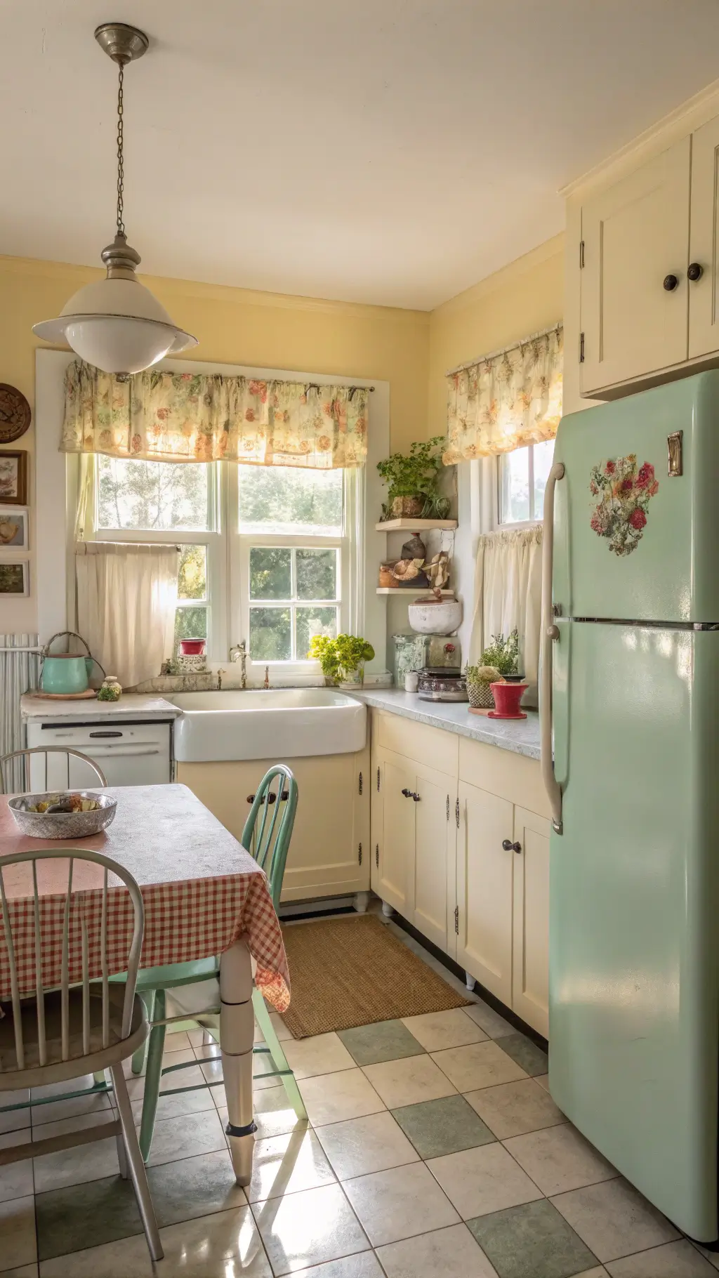 Vintage kitchen bathed in golden hour light with butter yellow walls, white wainscoting, mint green refrigerator, farmhouse sink, jadeite dishware, coral furniture, checkerboard floor, and vintage decor under a pendant lamp.