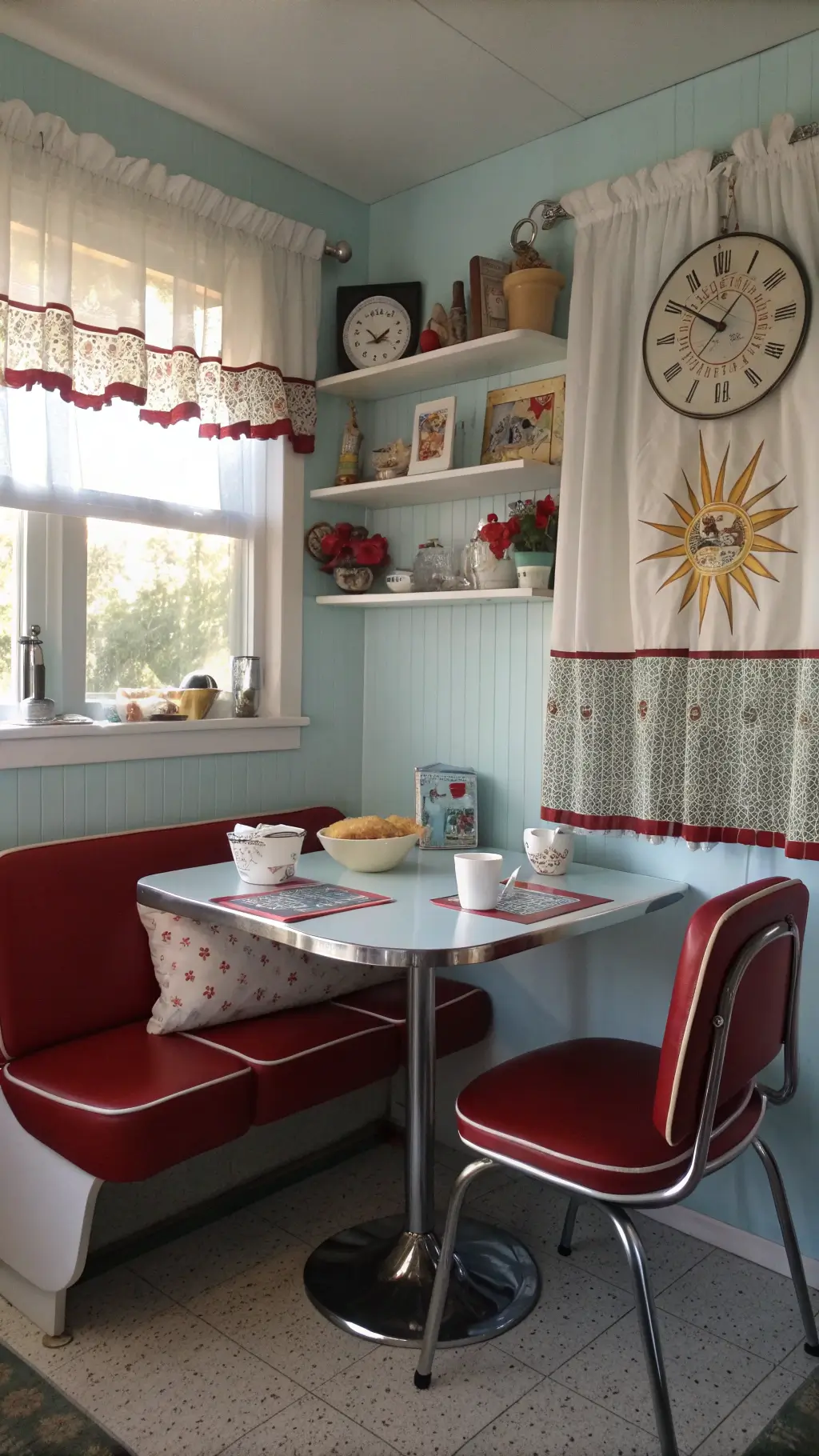 1950s breakfast nook at dawn with chrome dinette set, red vinyl seating, pale blue walls, ruffled organdy curtains, Pyrex bowls on shelving, atomic starburst clock, vintage bread box, embroidered tea towels and daisies in milk glass vase with warm ambient lighting.