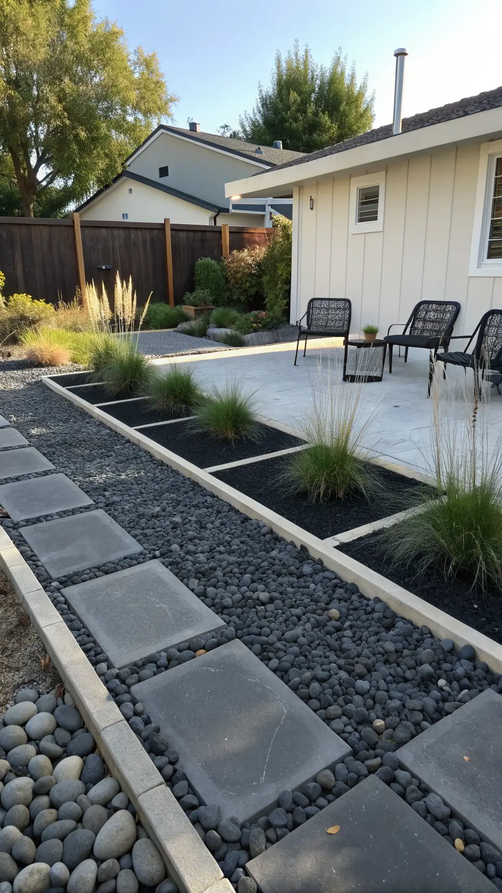 Eye-level view of a modern 16x16 feet gravel courtyard with black river rock, light limestone border, matte black metal chairs, concrete planters with tall grasses, minimalist solar path lights under bright midday light.