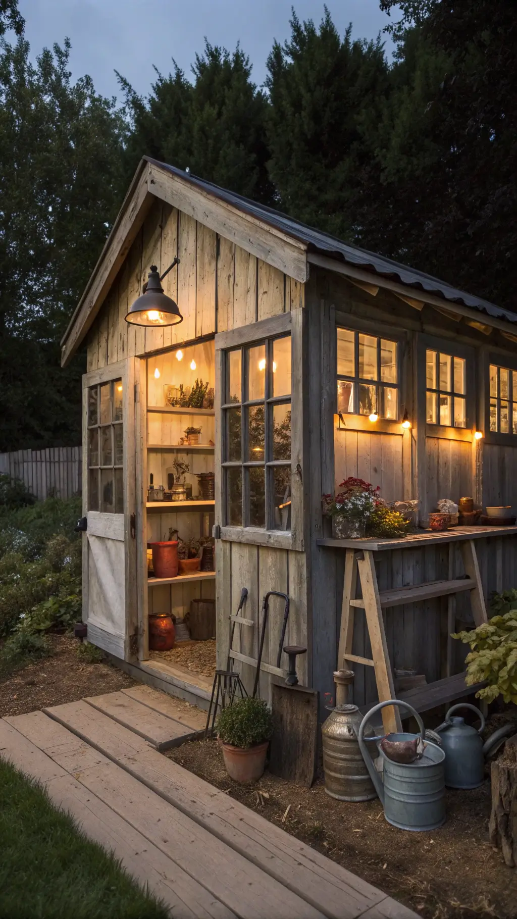 Rustic garden shed at dusk with interior lighting highlighting vintage windows, weathered shelves with enamelware, and artfully arranged old garden tools.