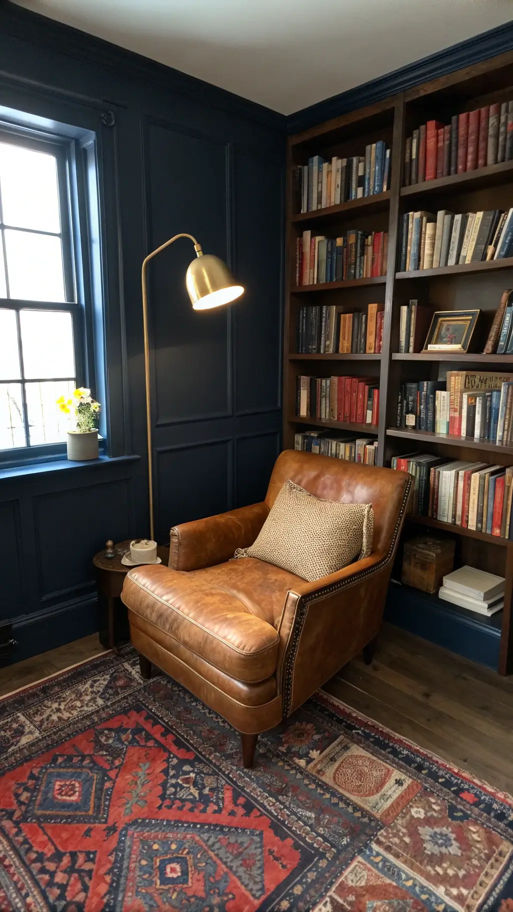 Overhead view of a snug 14x16ft reading nook with navy blue walls, a camel leather armchair, floor-to-ceiling bookshelves lit by a vintage brass task lamp, and an oriental rug in deep reds and blues.