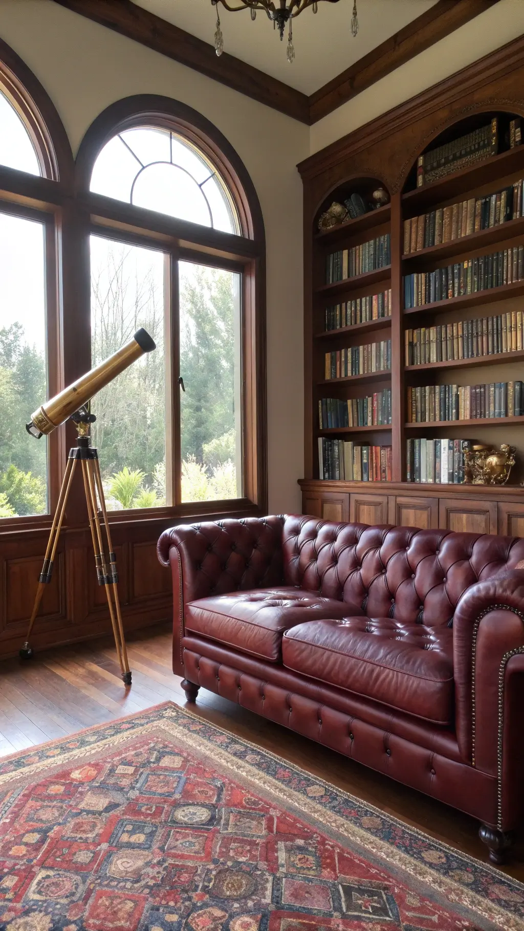 Sunlit library with mahogany shelves, burgundy Chesterfield loveseat, brass telescope, pottery collection, and oriental rug in vibrant tones.