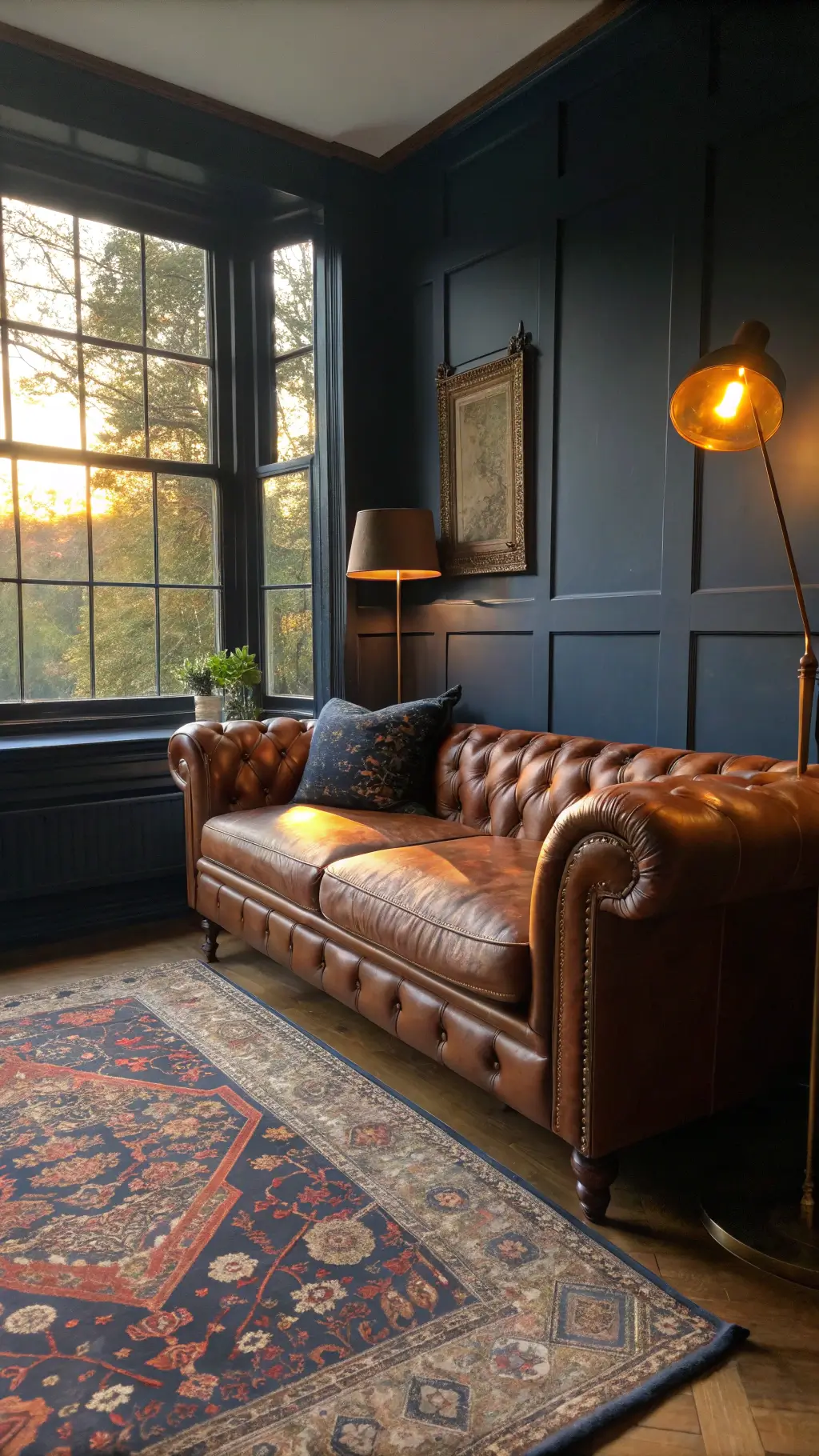 Cozy, vintage-styled sitting room at sunset featuring navy walls, a tobacco-colored Chesterfield, Persian runner, window seat with velvet cushions, and illuminated curiosities under a brass pharmacy lamp.