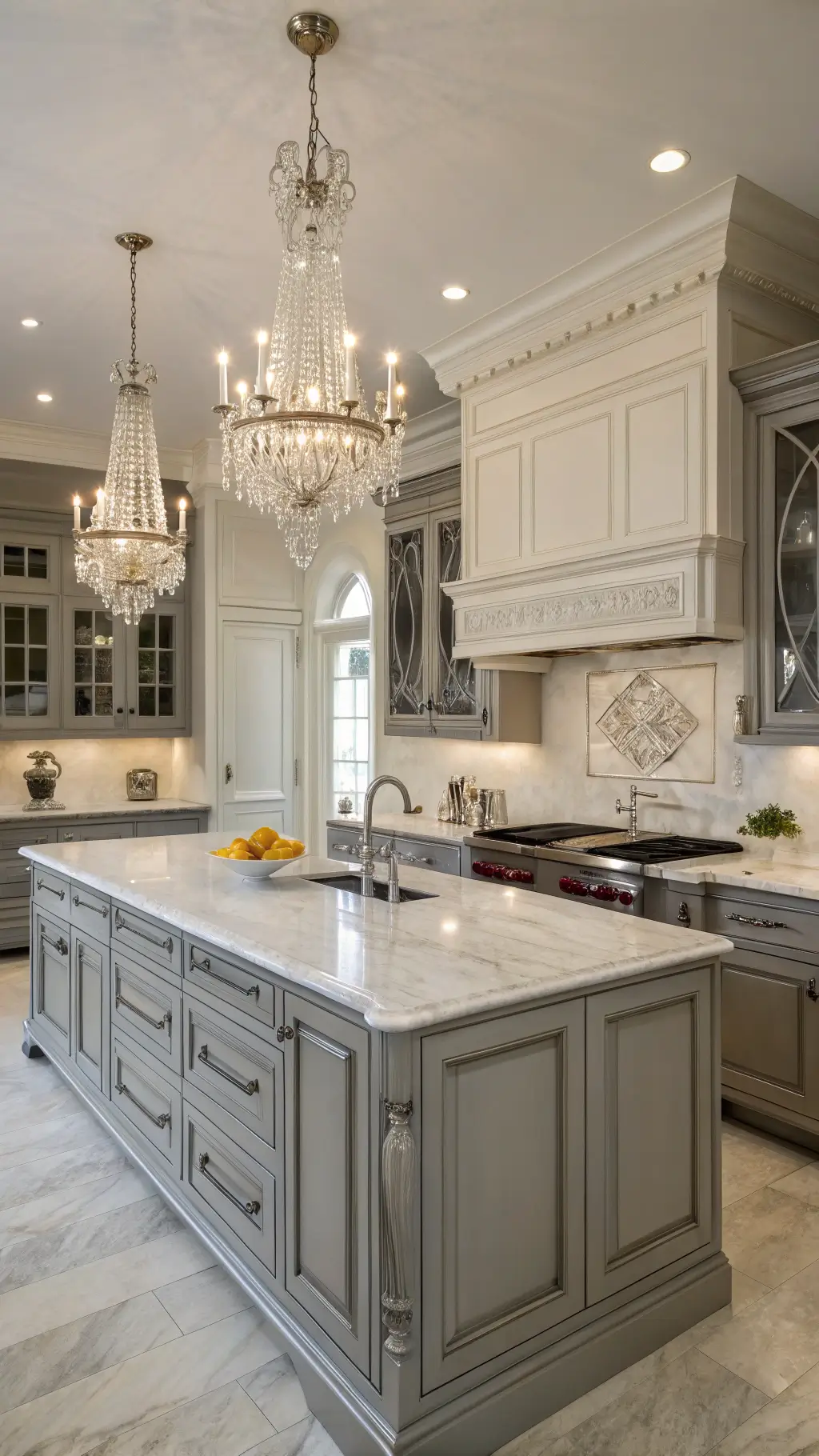 Traditional gray kitchen featuring classic cabinets, Calacatta marble surfaces, a crystal chandelier, and detailed crown molding.