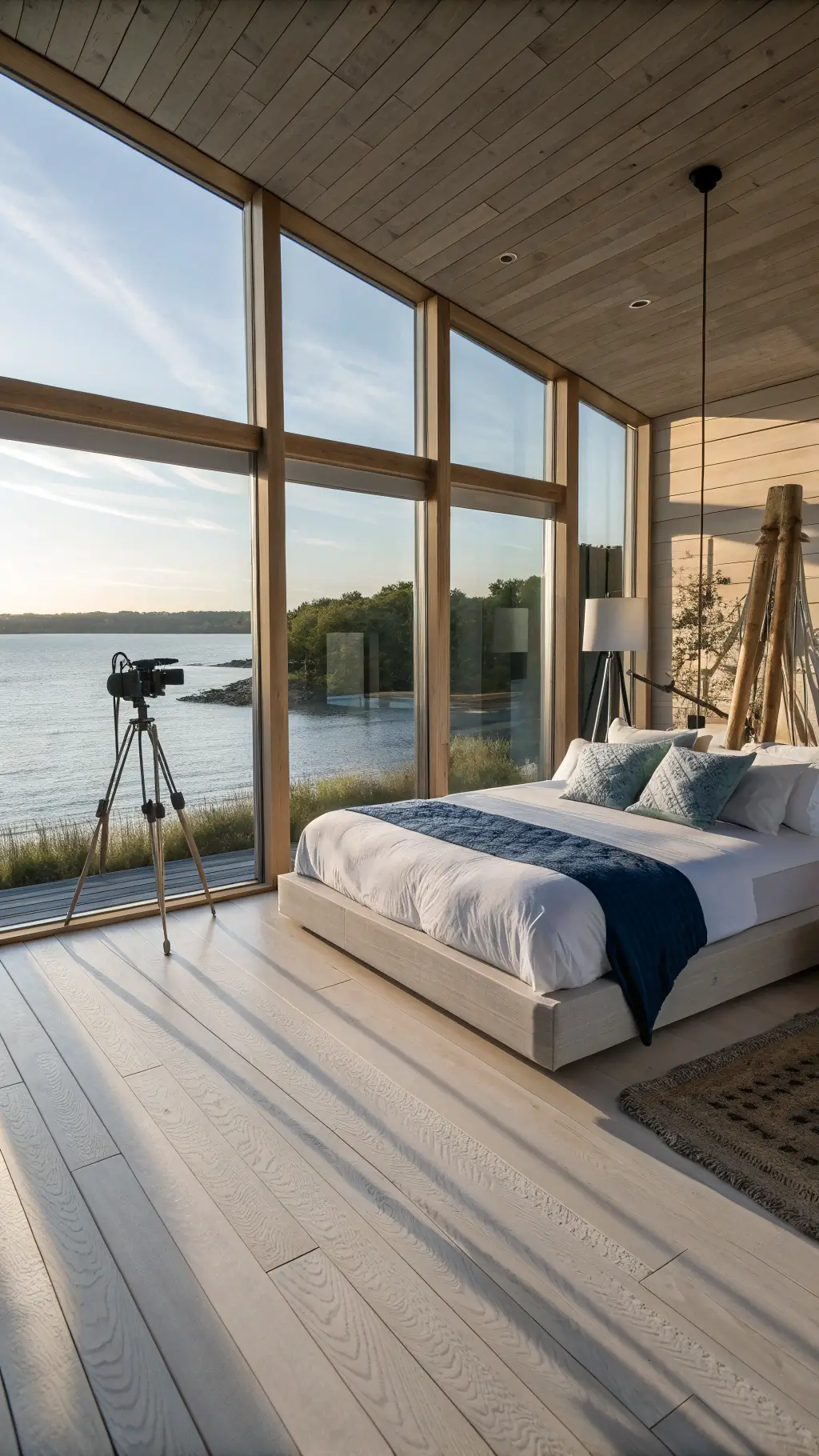 Modern coastal retreat featuring floor-to-ceiling windows with water views, a platform bed with white linens and blue throw pillows, white oak flooring, a driftwood lamp, and coastal photography, under the dawn light.