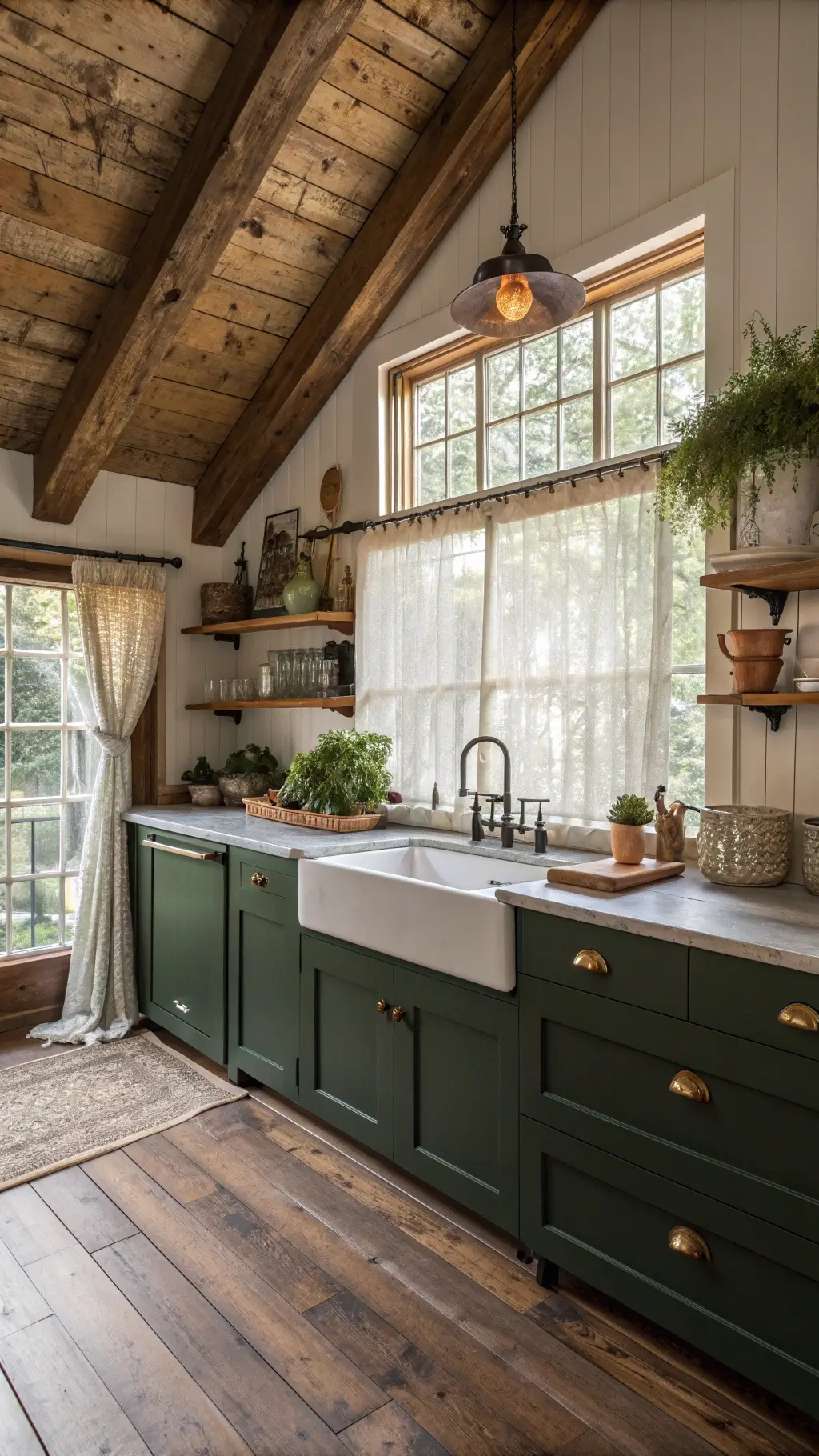 Overhead view of a rustic farmhouse-style kitchen with dark green distressed cabinets, antique brass pulls, wide plank pine floors, and a cream ceramic sink under a windowsill adorned with fresh herbs in terracotta pots.