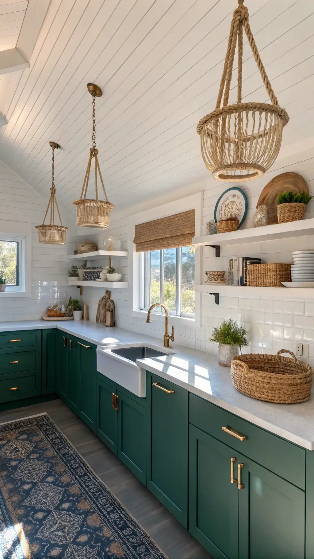 Coastal-inspired kitchen with emerald green and white cabinetry, beadboard ceiling, and reflective chrome fixtures in golden sunlight, highlighted by nautical rope pendant lights, blue-grey ceramic backsplash, and white quartz countertops, complemented by woven basket accessories and driftwood accents.