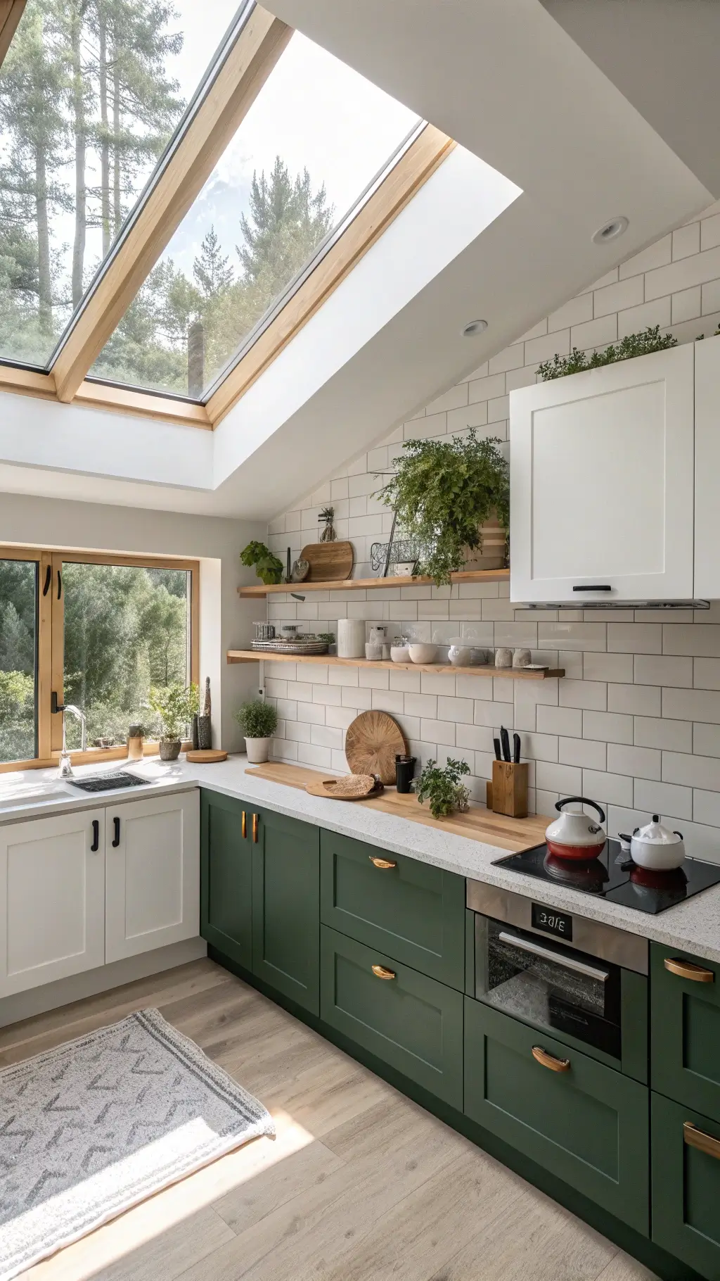 High-angle view of a Scandinavian-modern kitchen with forest green lower cabinets, white upper cabinets, oak counters, white penny tile backsplash, and skylight creating clean shadows.