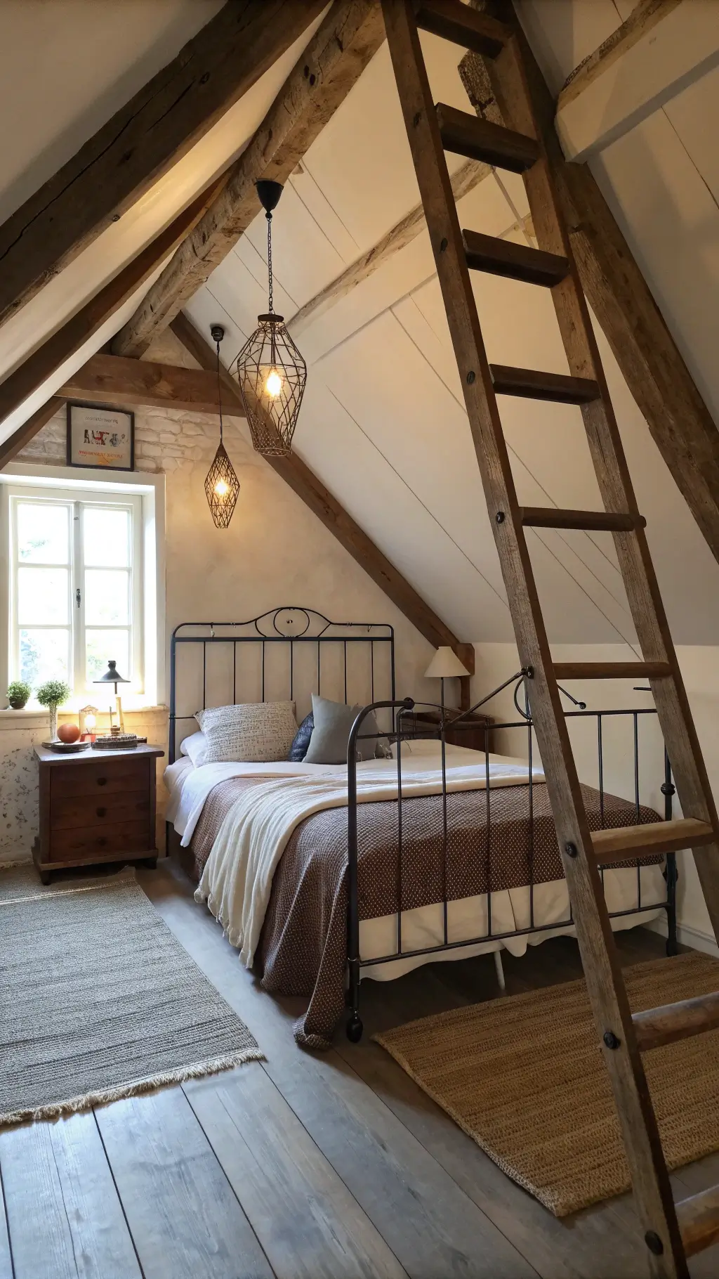 Bright and cozy loft space with iron bed frame dressed in layers of linen and wool, vintage ladder used as a nightstand, and pendant lights hanging from a high, beamed ceiling, bathed in a mix of late morning natural light and warm artificial illumination.